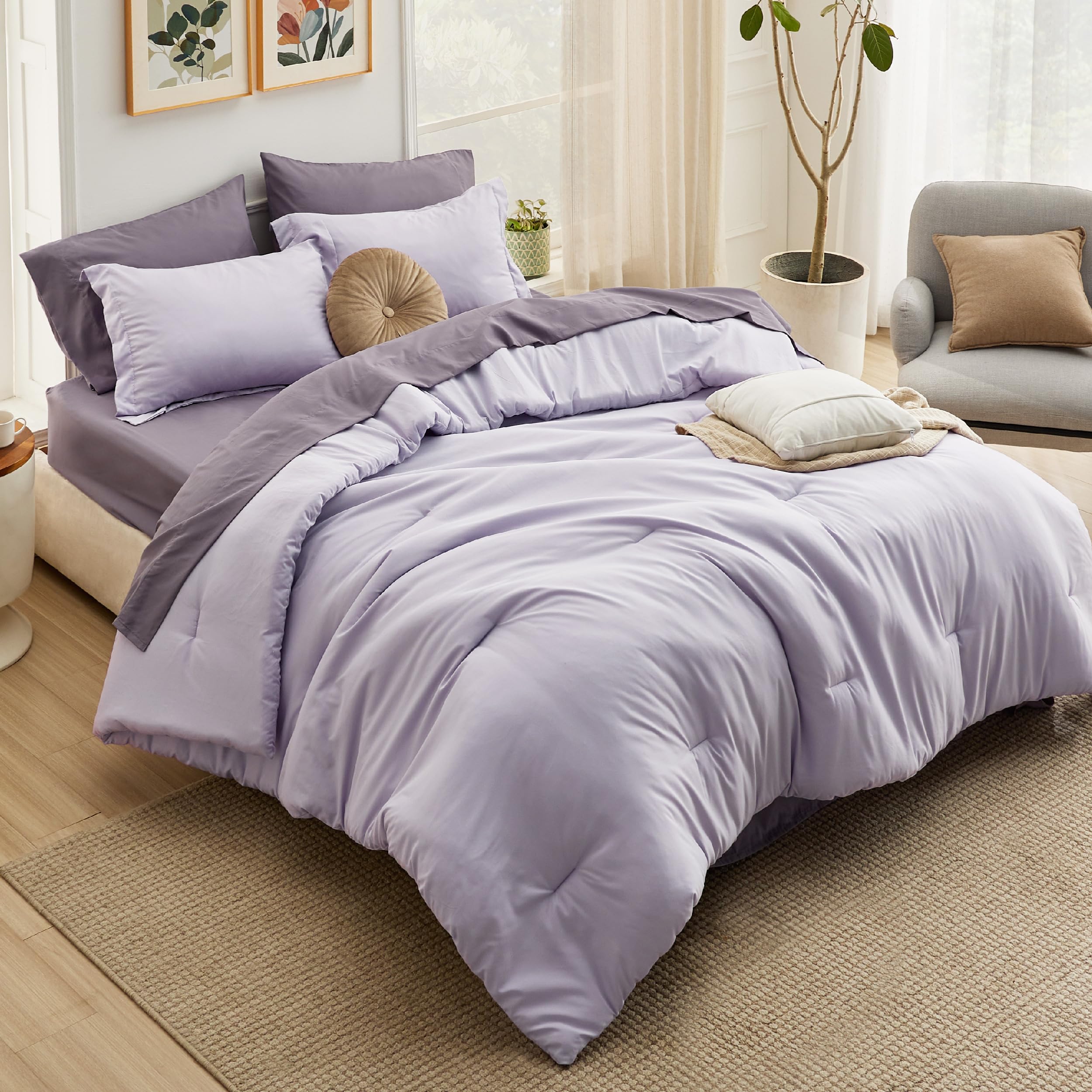 Bedsure Twin Comforter Set - 5 Pieces Lavender Twin Bedding Set For All Seasons, Boho Contrasting Design Bed In A Bag With Comforter, Sheets, Pillowcase & Sham