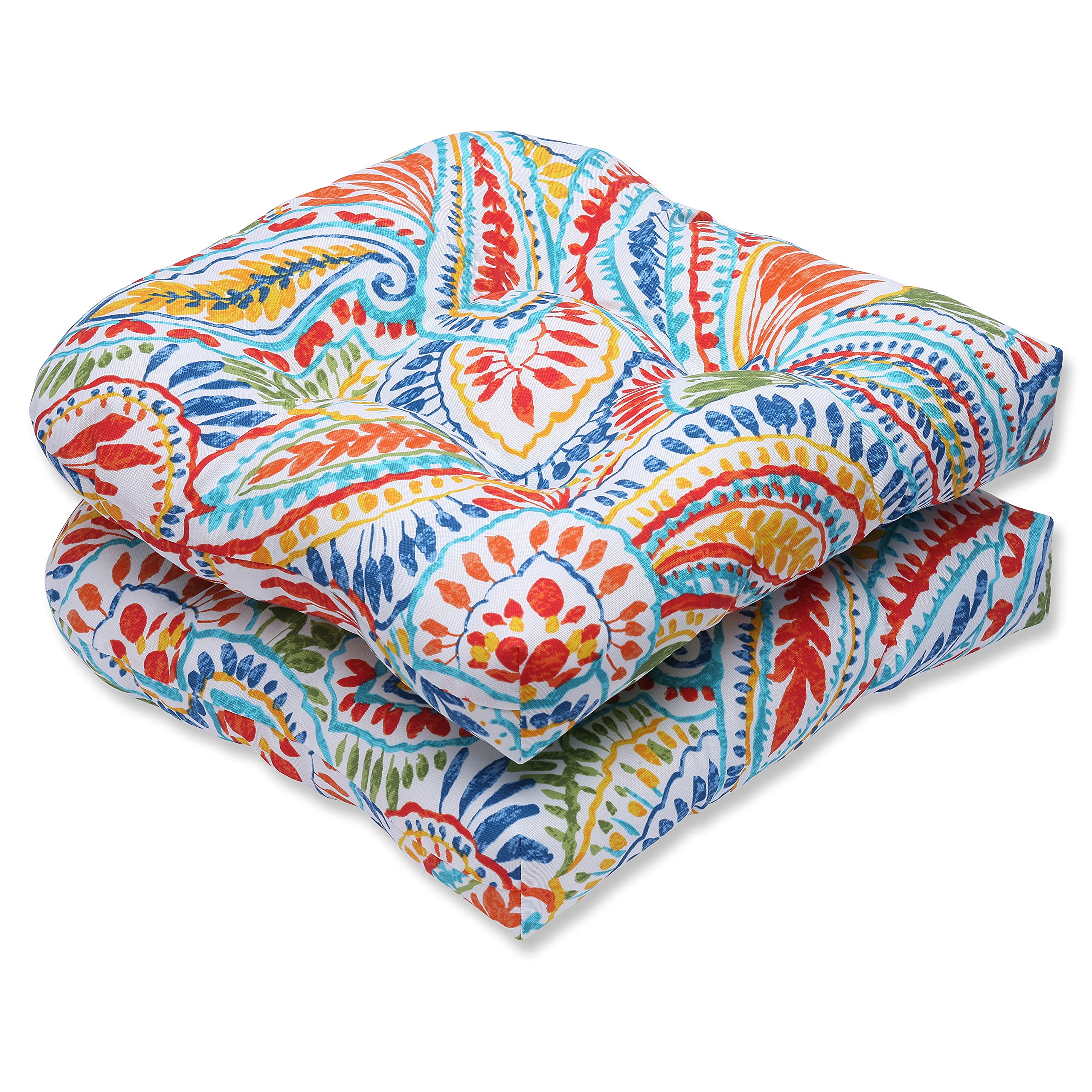 Pillow Perfect Paisley Indoor/Outdoor Chair Seat Cushion, Tufted, Weather, And Fade Resistant, 19' X 19', Blue/Multi Ummi, 2 C