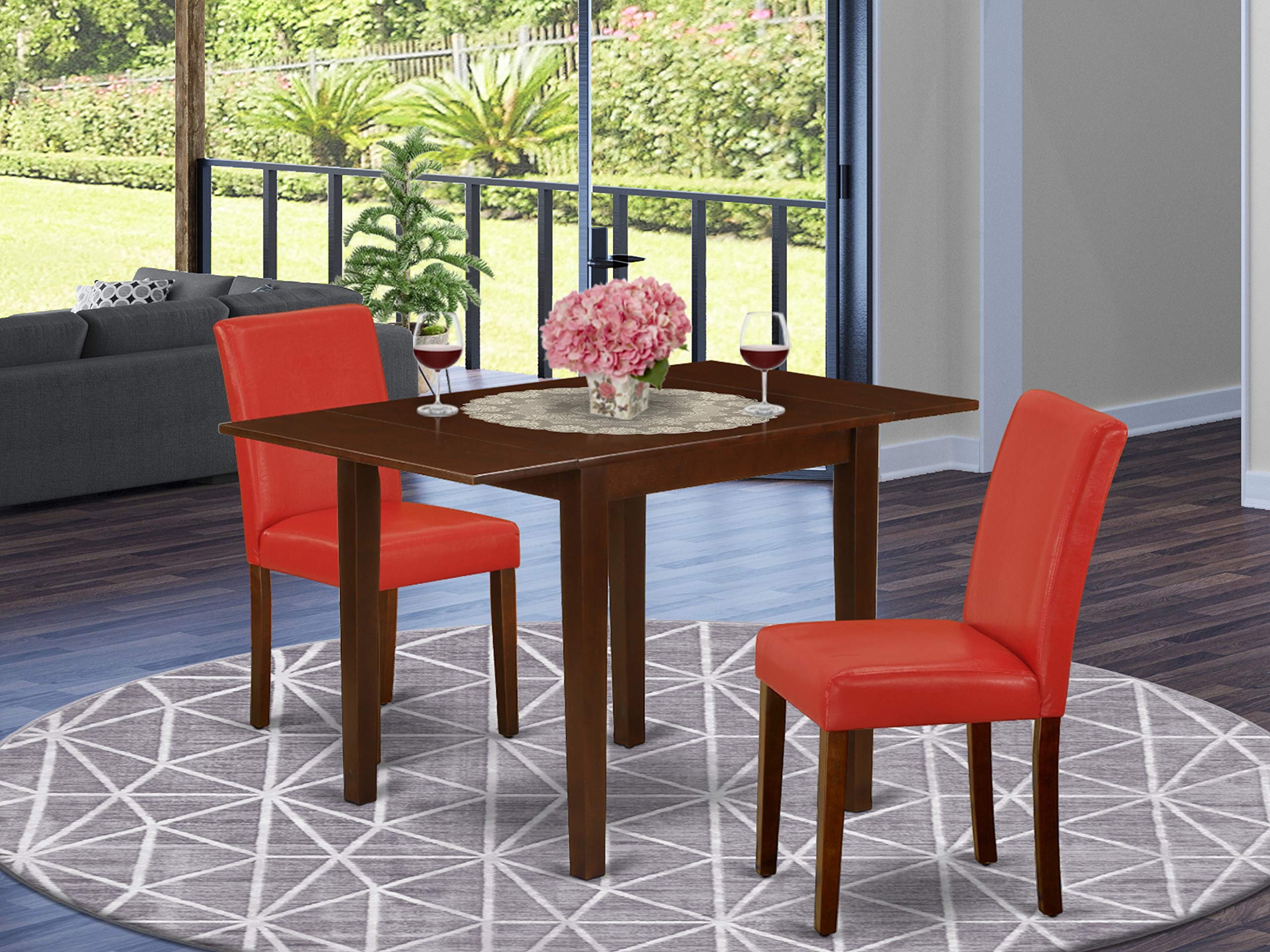 East West Furniture 1NDAB3-MAH-72 3 Piece Set Contains a Rectangle Dining Room Table with Dropleaf and 2 FireBrick Red Faux Leather Upholstered Chairs, 30x48 Inch
