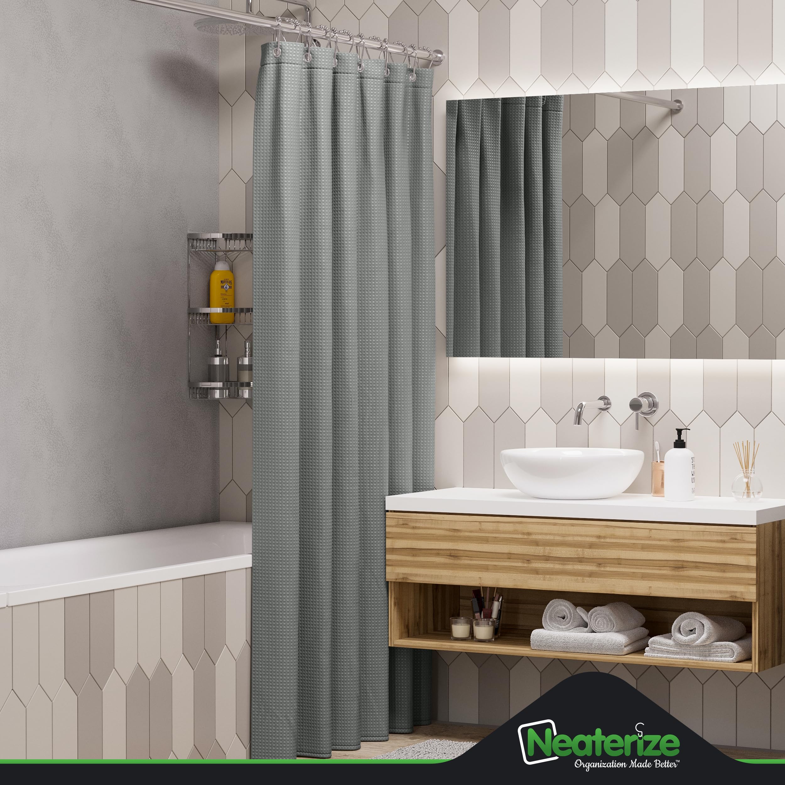 Neaterize Shower Curtain Grey - Hotel Style Grey Shower Curtains For Bathroom With Waffle Design, 72X78 Inches - Fabric Shower C