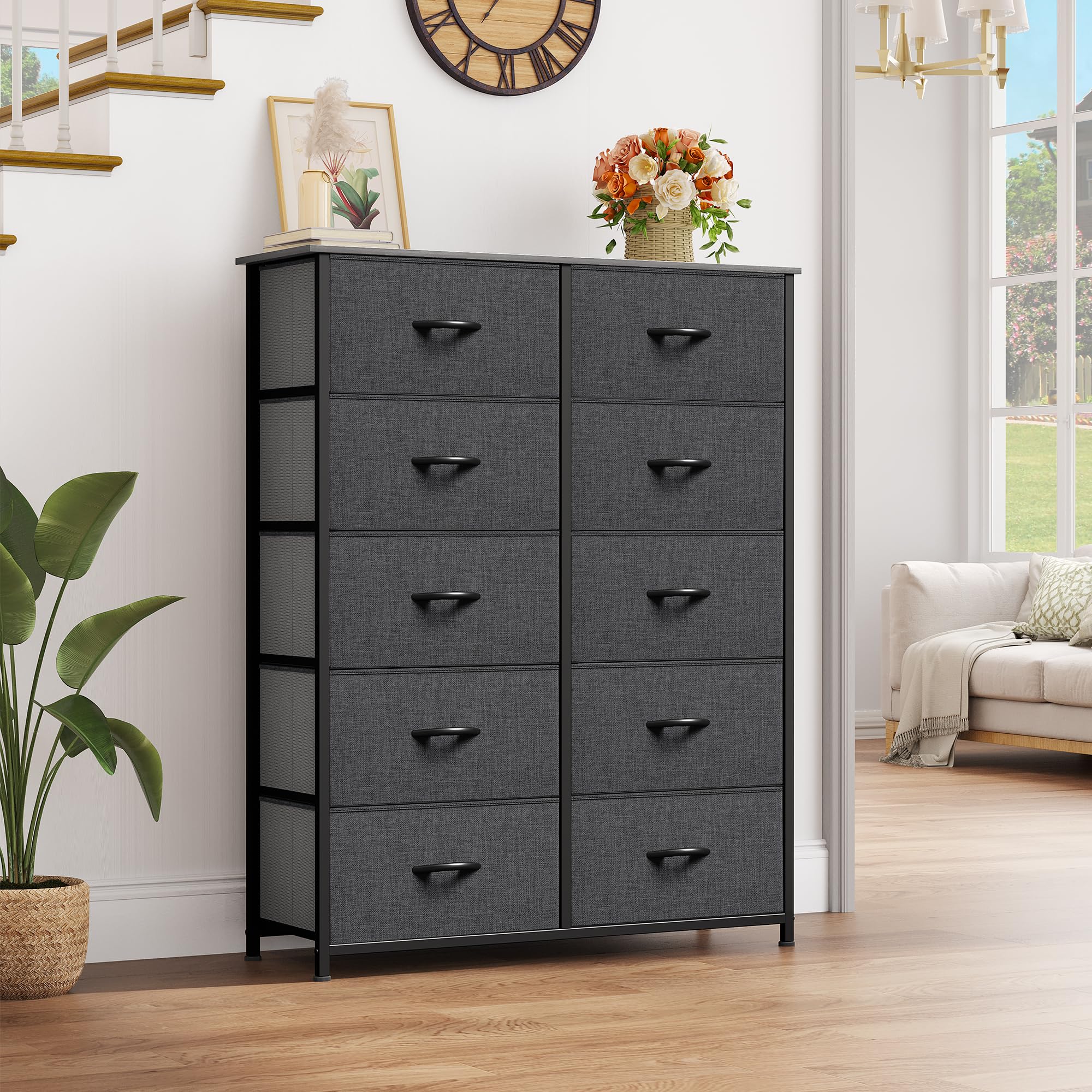 Yitahome 10 Drawer Dresser - Fabric Storage Tower, Organizer Unit For Bedroom, Living Room, Hallway, Closets - Sturdy Steel Frame, Wooden Top & Easy Pull Fabric Bins