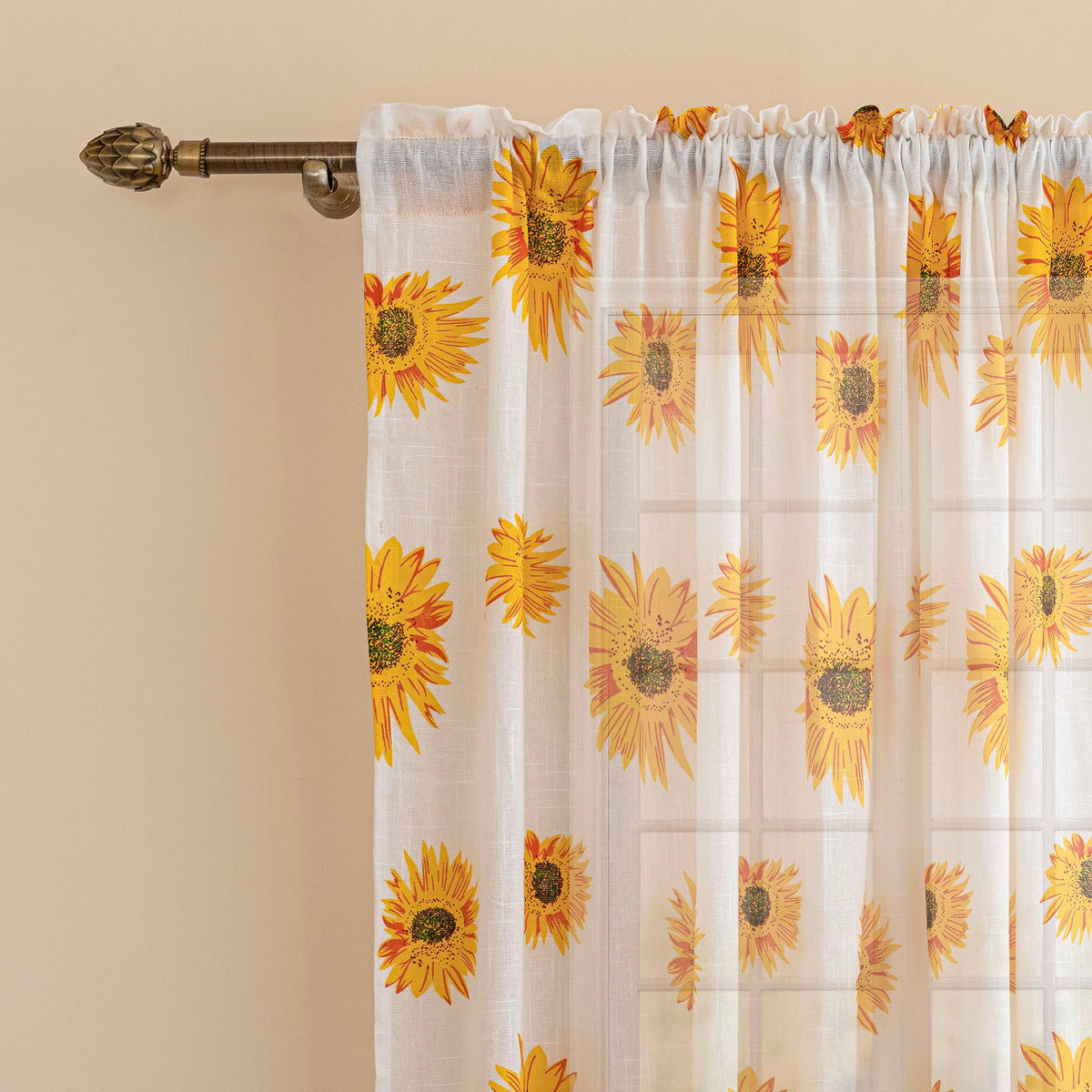 Homemonde Long Door 9 Feet Curtains Set Of 2  Cotton Sheer Linen Printed Curtain For Living Room Decoration, White Sun Flower D