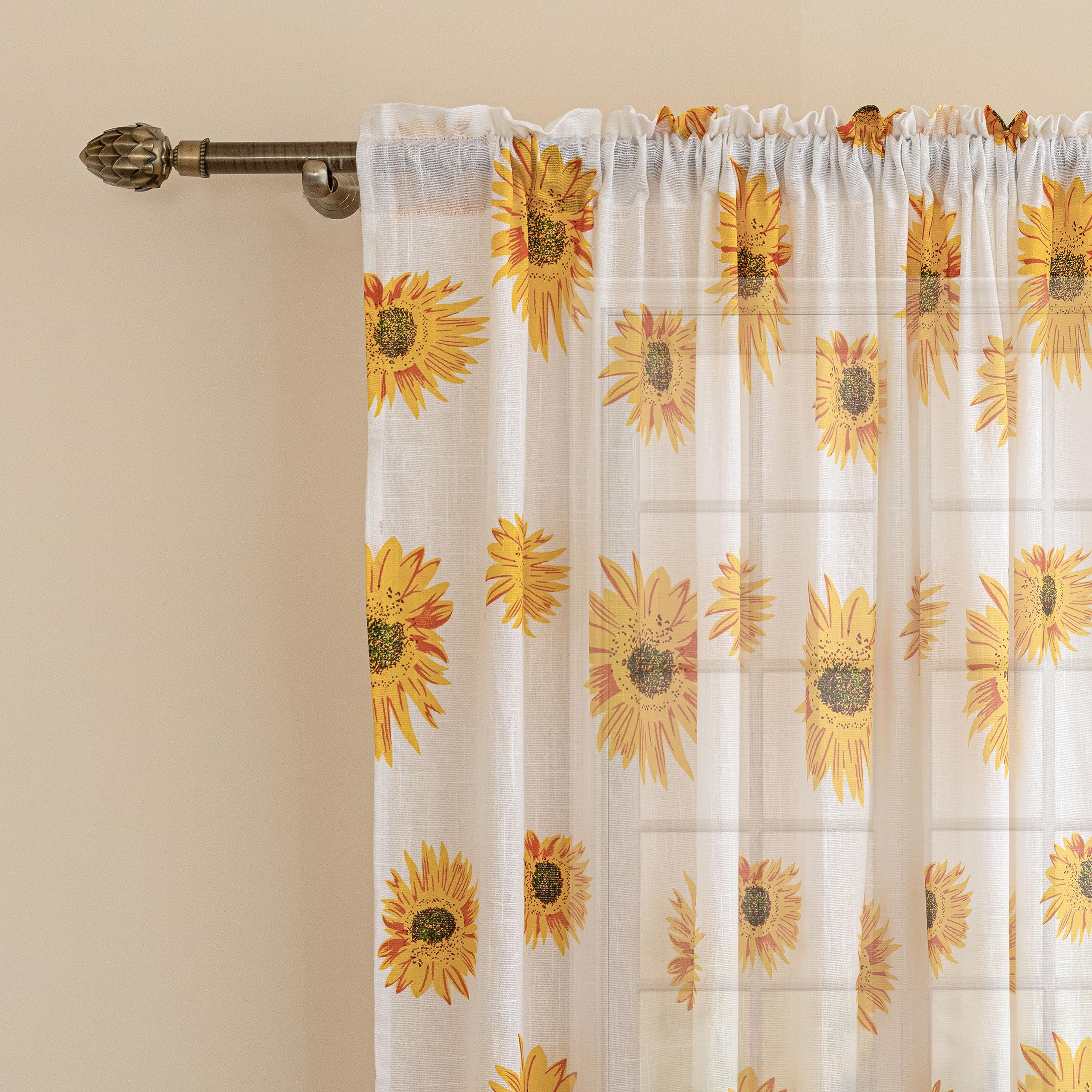 Homemonde Long Door 8 Feet Grommet Curtains Set Of 2  Cotton Sheer Linen Printed Curtain For Living Room Decoration, White Sun 