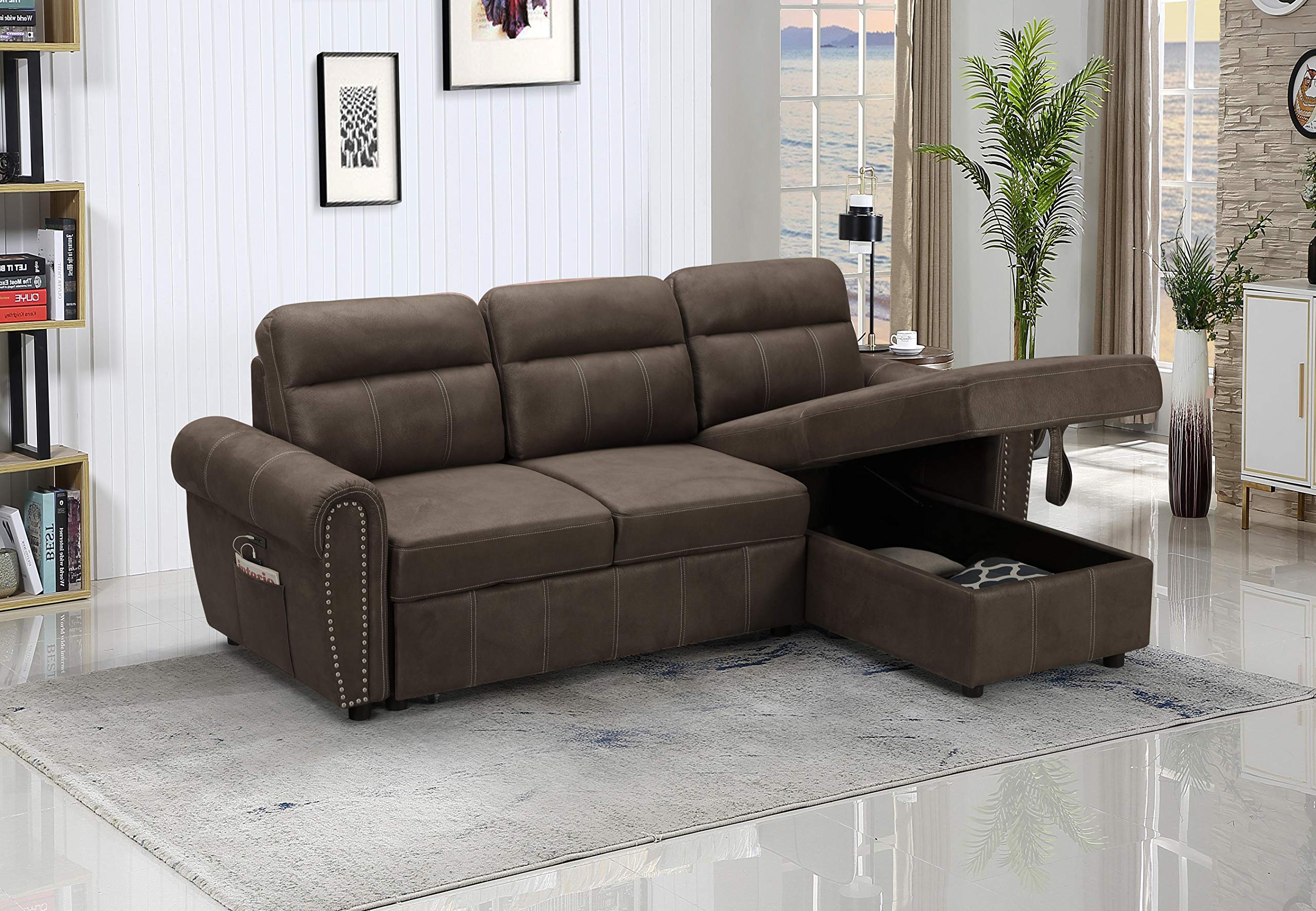 Lilola Home Hugo 96&quot; W Brown Reversible Sleeper Sectional Sofa Chaise with USB Charger