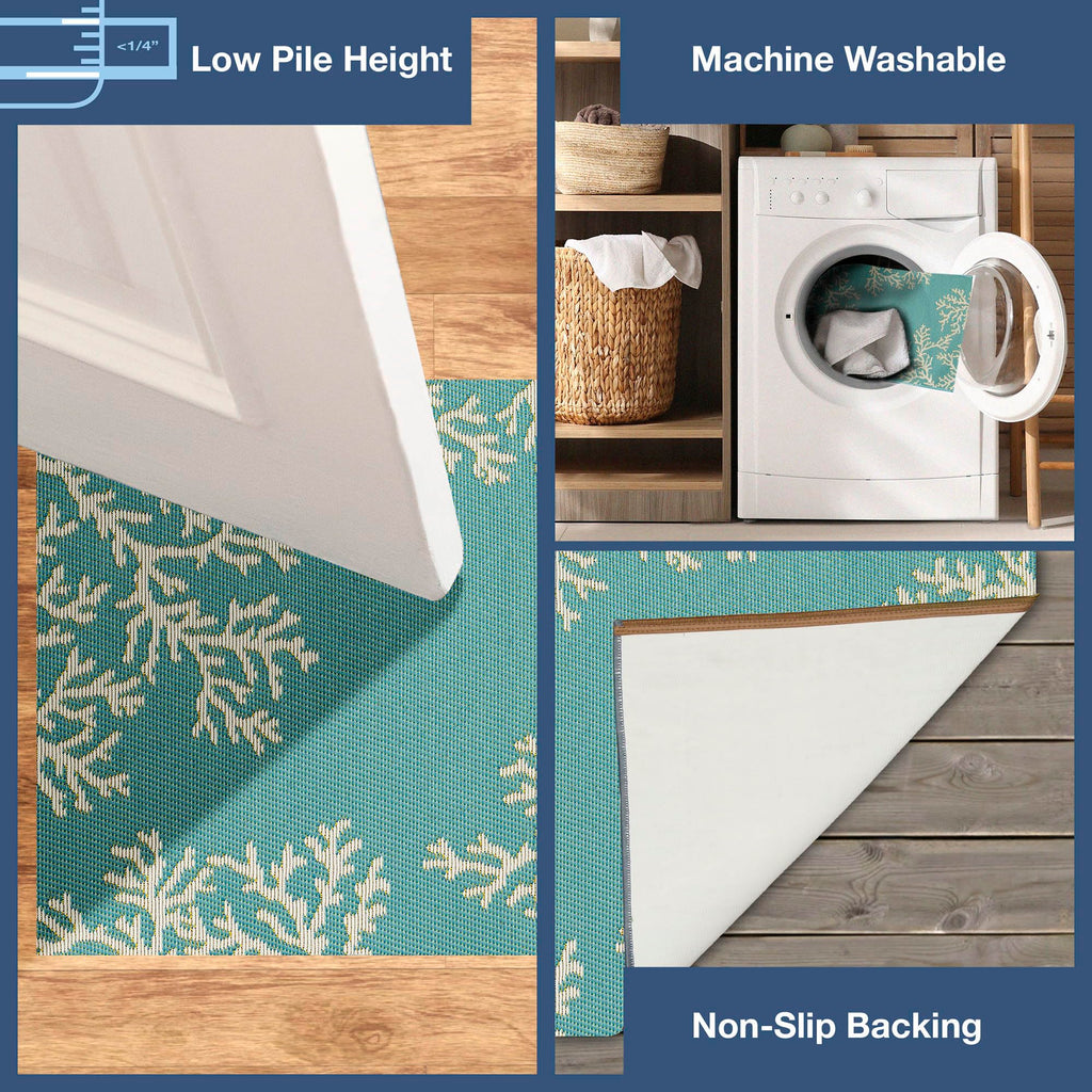 Liora Manne Esencia Machine Washable Non-Slip Low Profile Indoor/Outdoor Mat-Transitional, Coastal, Beach, Border, Coral Edge Aqua 2' X 2'10'