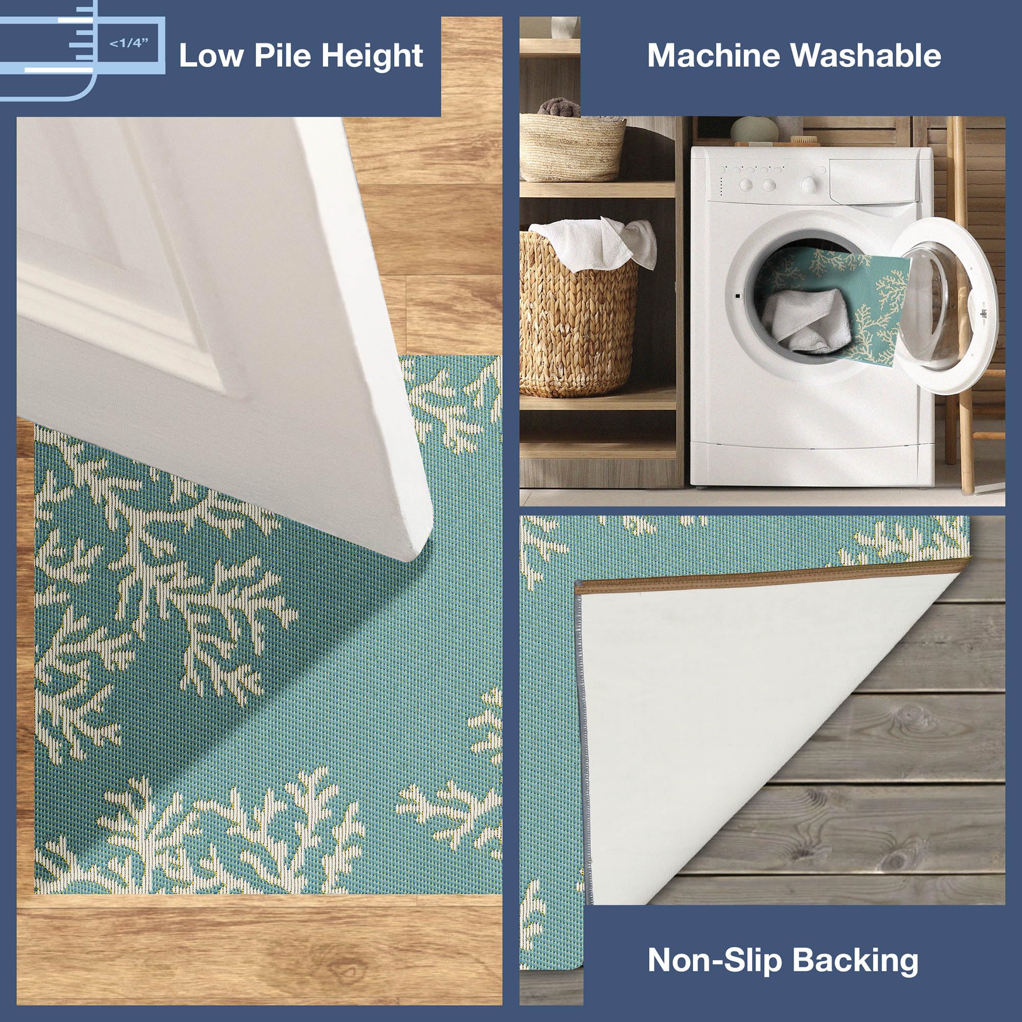 Liora Manne Esencia Machine Washable Non-Slip Low Profile Indoor/Outdoor Mat-Transitional, Coastal, Beach, Border, Coral Edge Aqua 2' X 2'10'