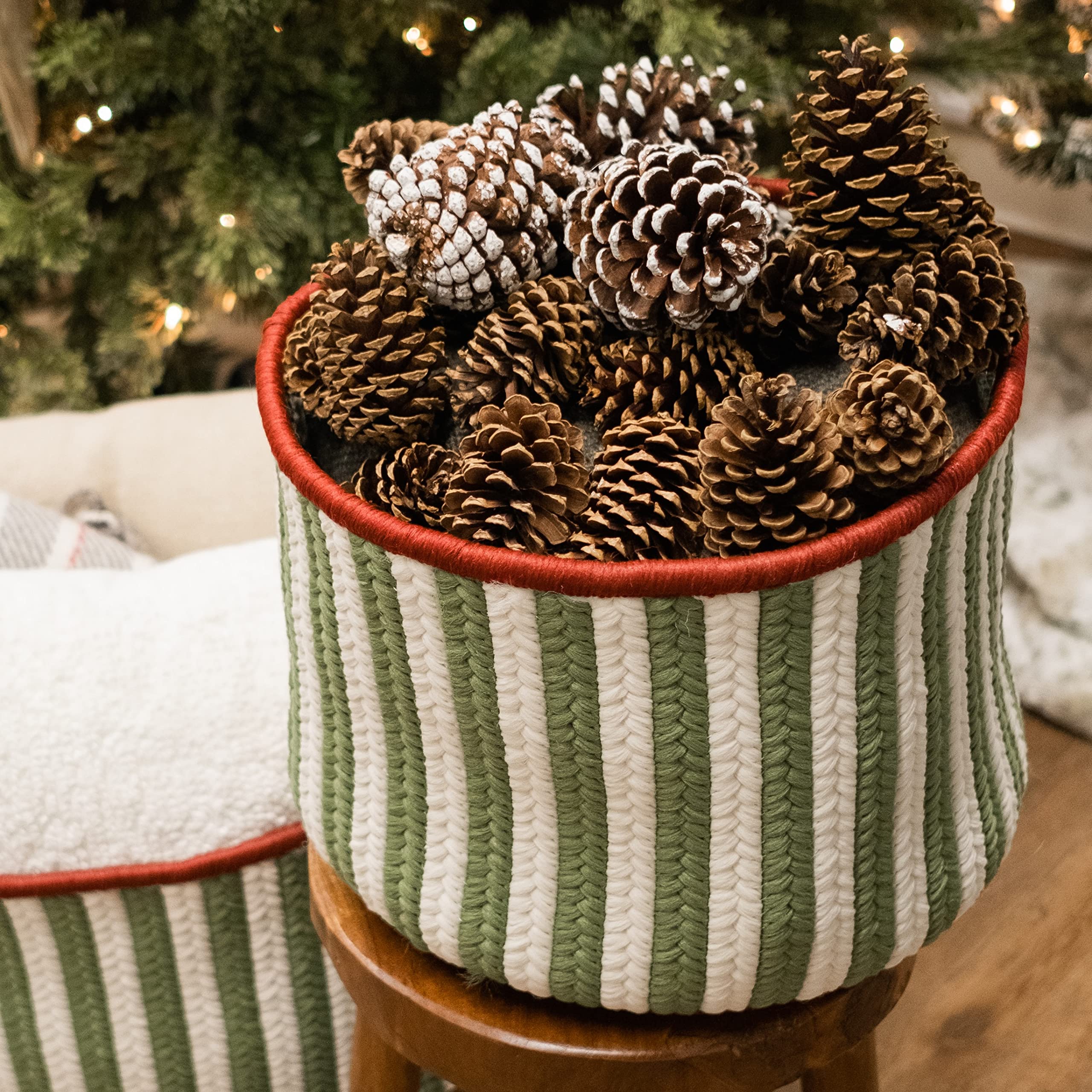 Colonial Mills Comet Stripe Christmas Decorative Braided Basket, 14&Quot;X14&Quot;X12&Quot;, Green Multi