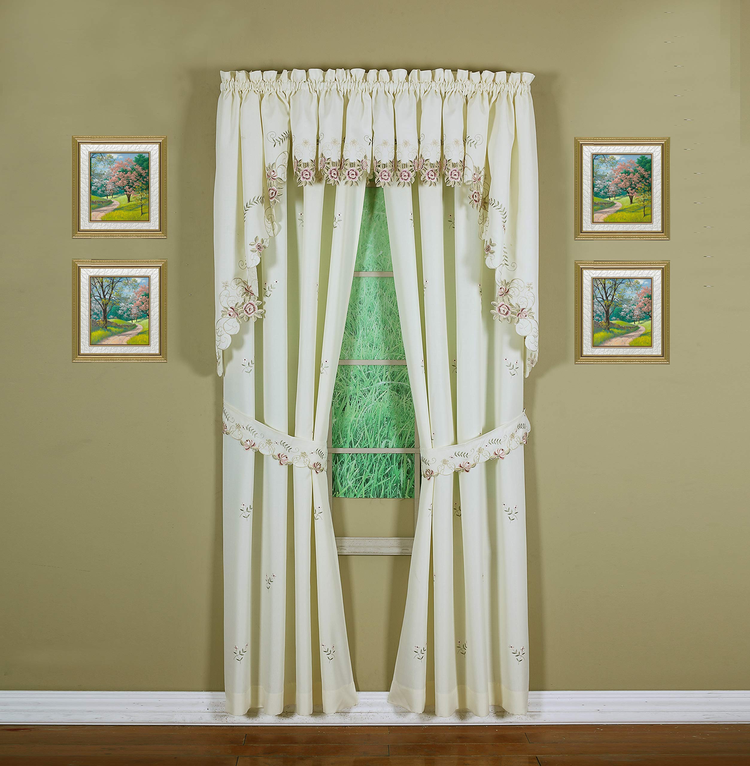 Today'S Curtain Verona Reverse Embroidery Panel Pair And Tiebacks, 63', Ecru/Rose