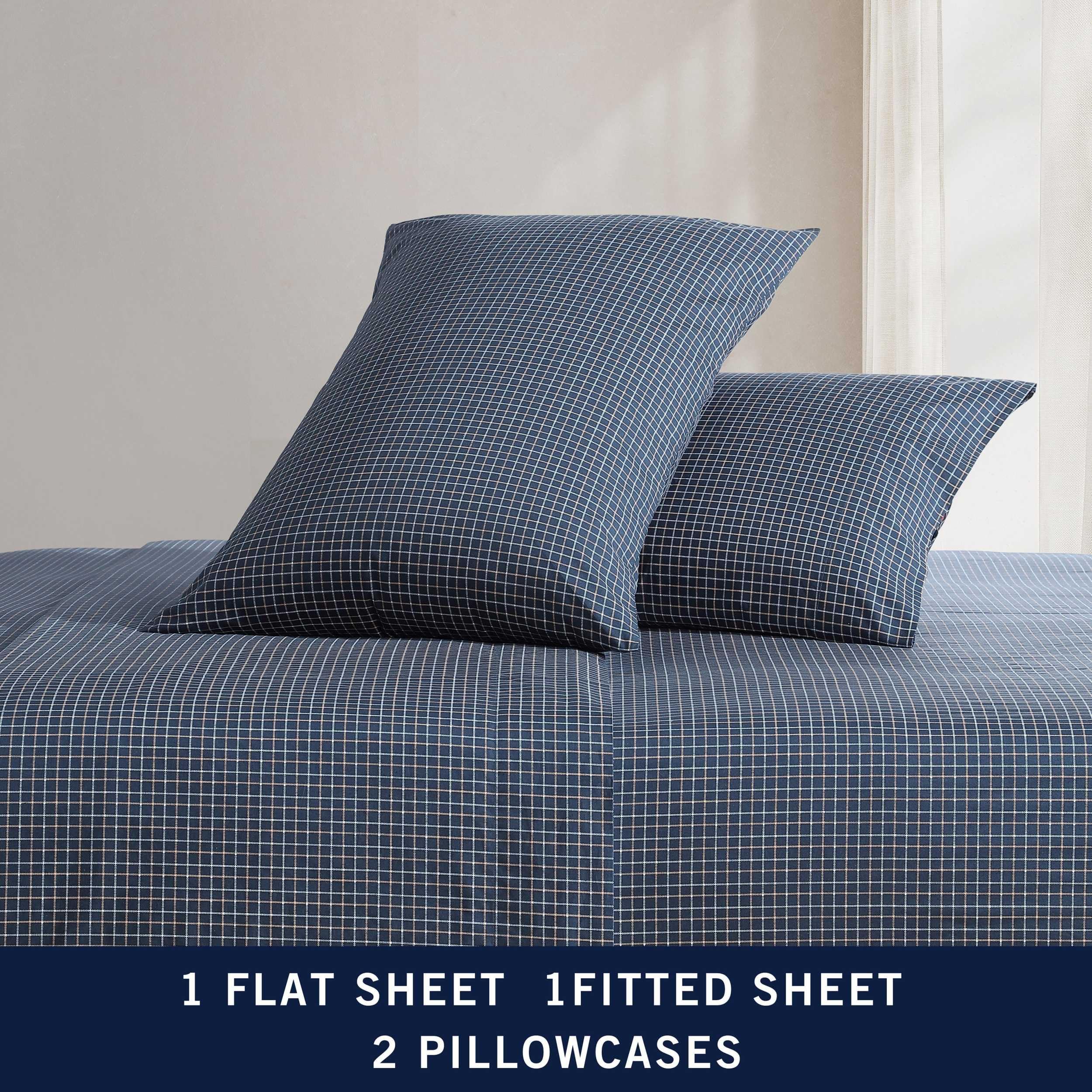 Nautica - Twin Sheets, Premium Cotton Percale Bedding Set, Plaid Bedding Set, Oeko-Tex Certified (Reece Plaid Navy, Twin)