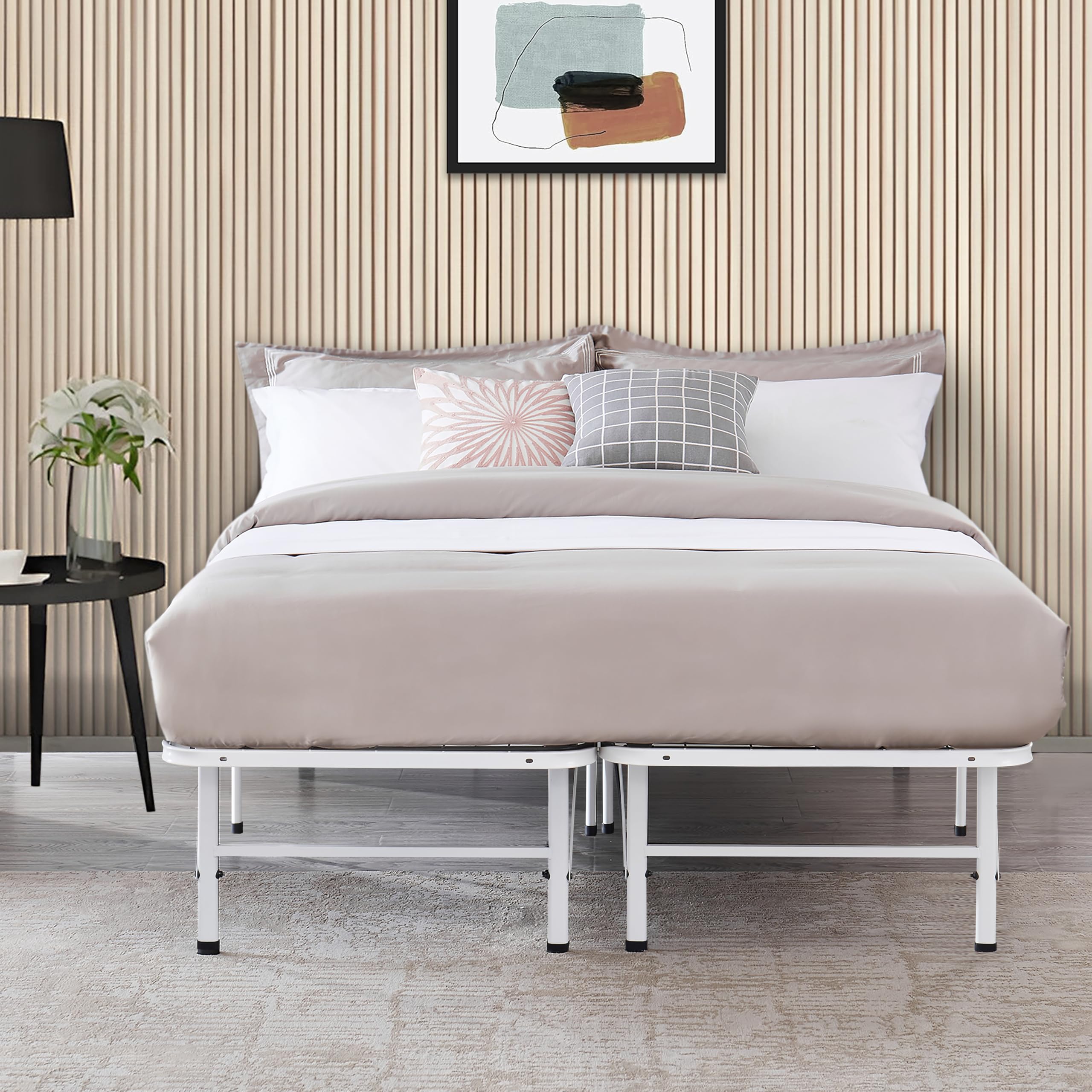 Naomi Home Idealbase 14' Full Bed Frame Heavy Duty Foldable Bed Frame Folding Bed Frame With Steel Metal Slats Mattress Foundation Box Spring 600Lbs Capacity - Platform Bed Full Bed Frame Size, White