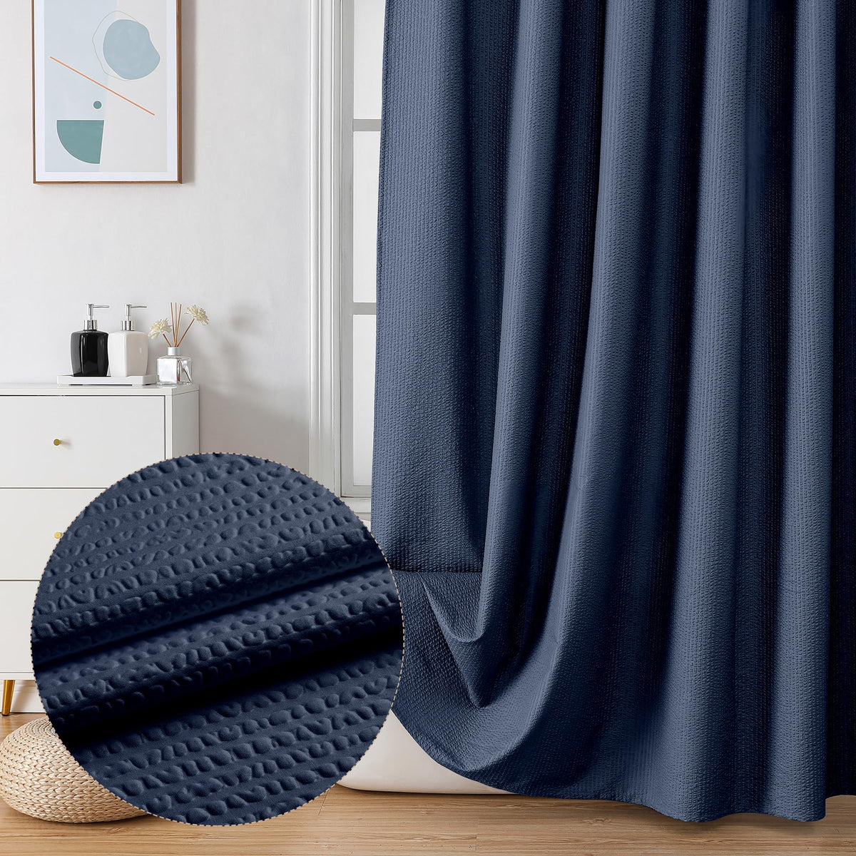 OVZME Berry Navy Blue Shower Curtain Set, Embossed Textured Fabric Shower Curtain for Bathroom - Soft Cloth & Hotel Spa, Water R
