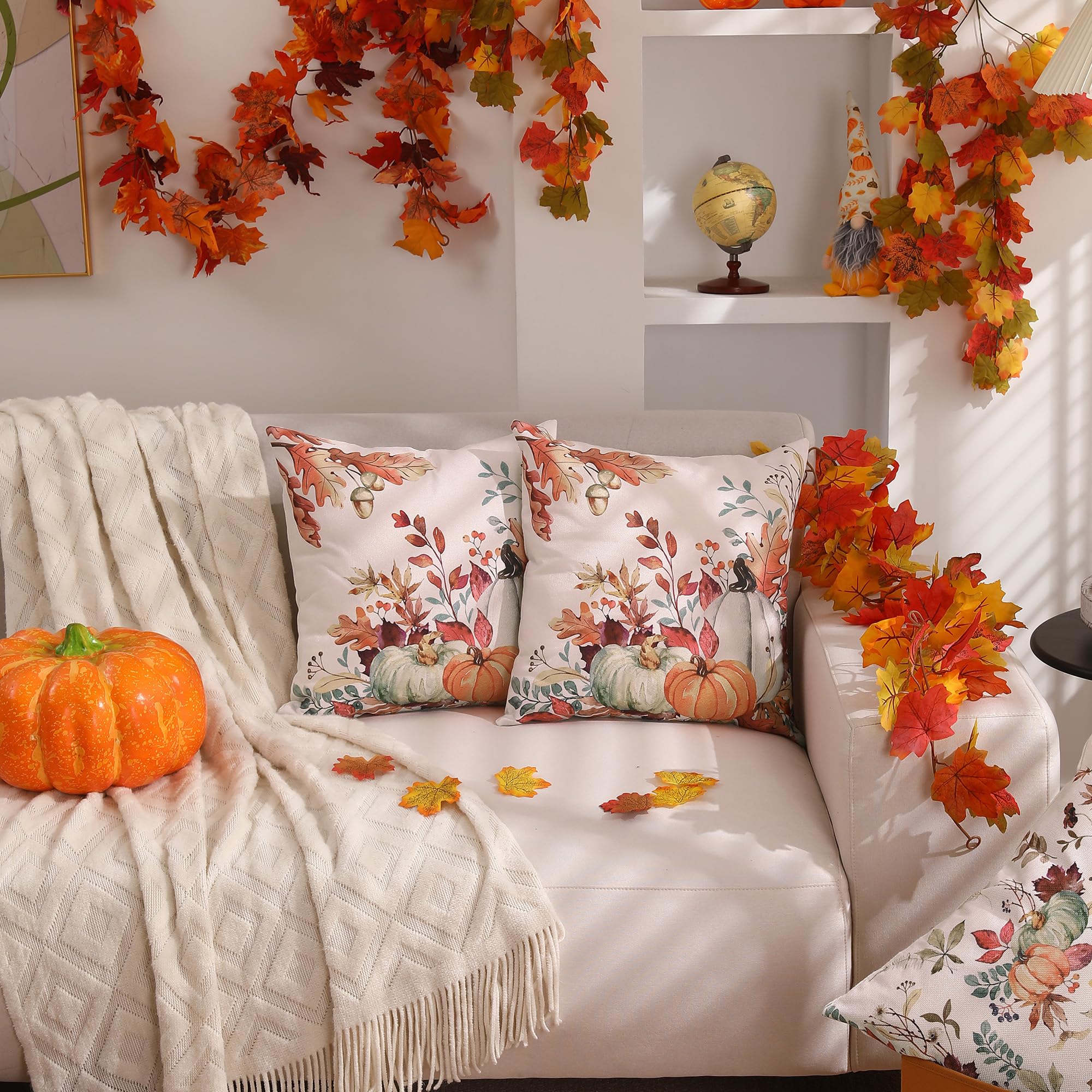 DFXSZ Fall Pillow Covers 20x20 inch Set of 2 Orange White Pumpkin Leaves Outdoor Throw Pillows for Home Couch Autumn Decoration TH27-A20
