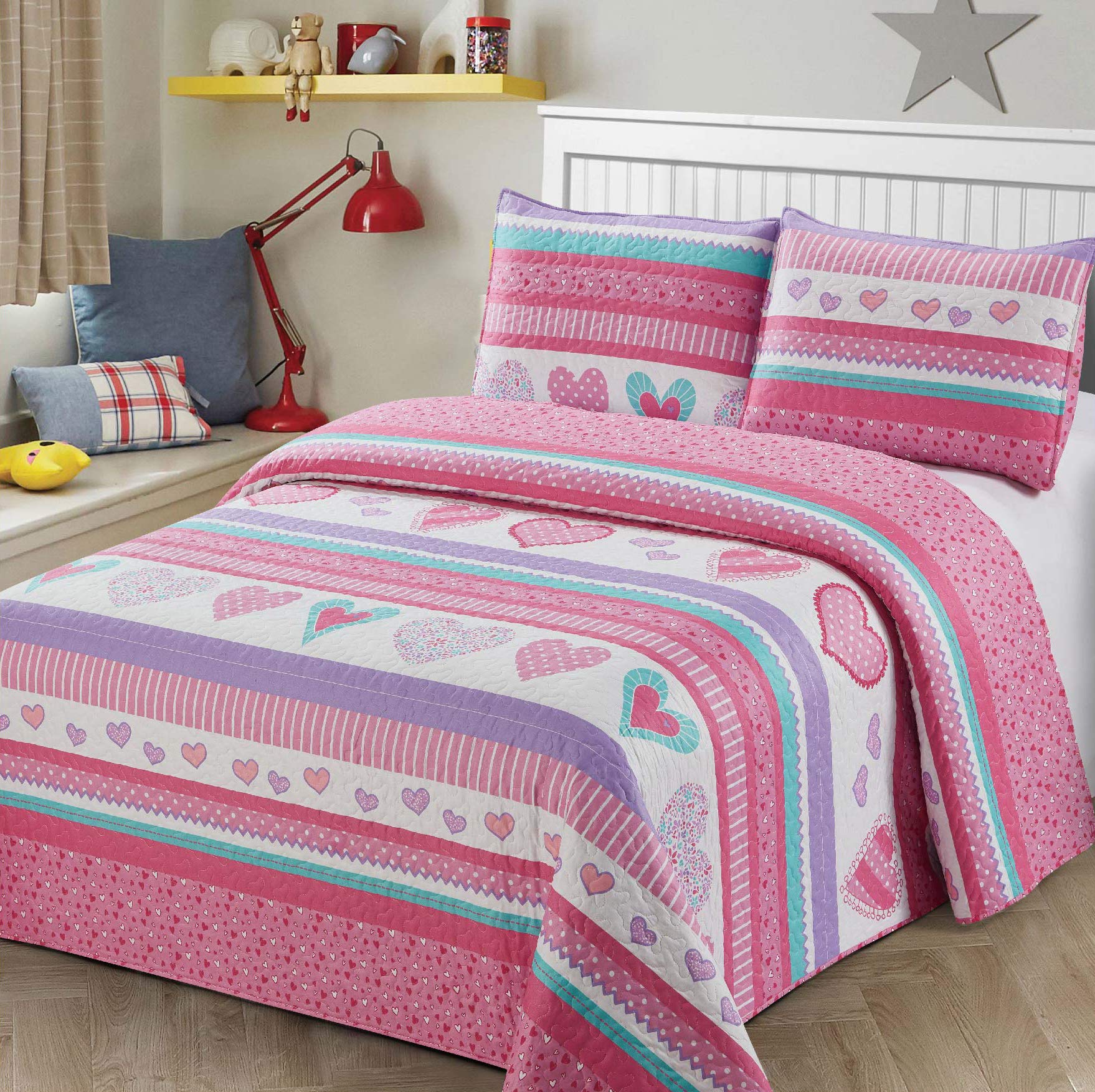 3Pc Full Queen Size Quilt Bedspread Kids/Teens Hearts Pink Purple/Lavander White Girls Multicolor Bedding New