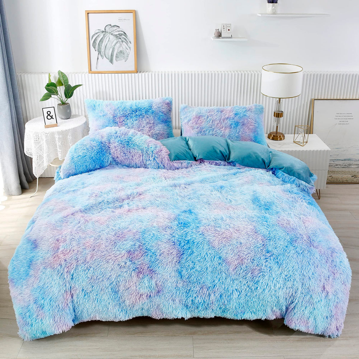 Rynghipy Super Soft Fuzzy Faux Fur Duvet Cover Set, Twin Bedding Sets For Girls, Blue Tie Dye Plush & Velvet Flannel Comforter C