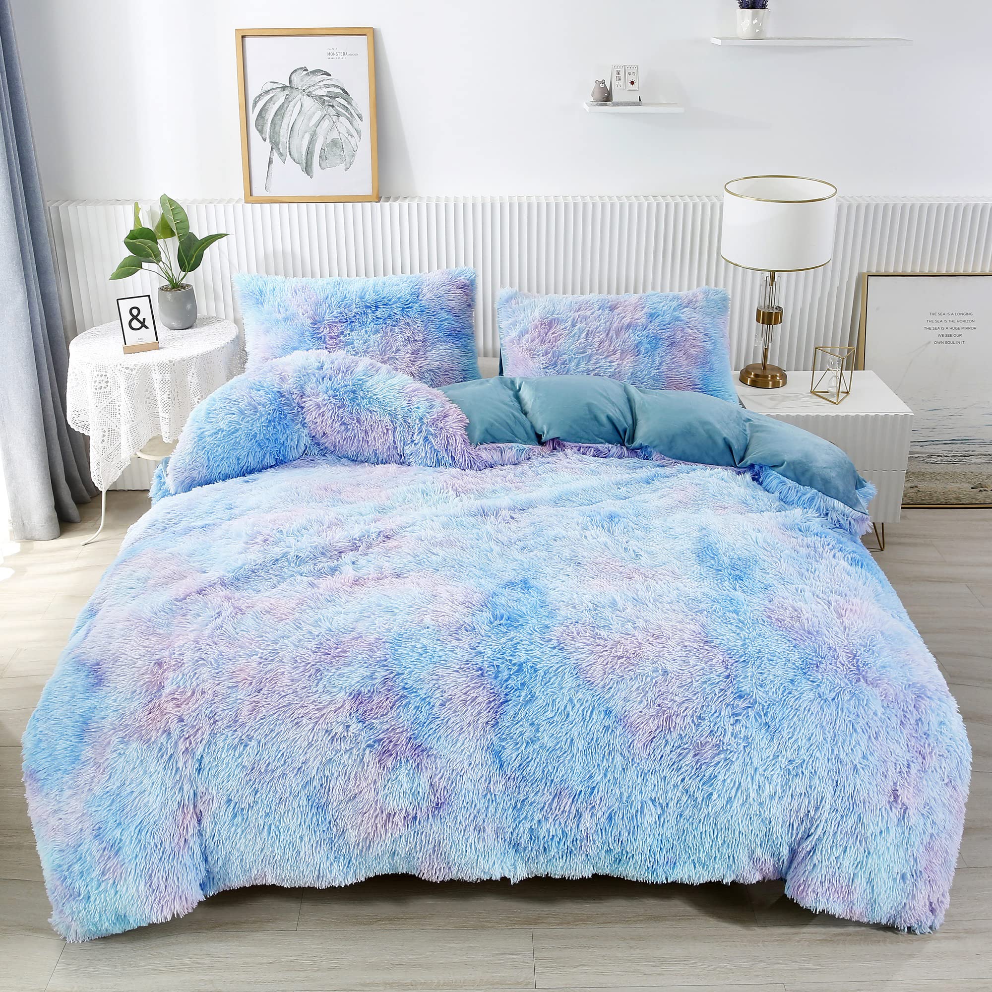 Rynghipy Super Soft Fuzzy Faux Fur Duvet Cover Set Rainbow Bedding Set For Girls Blue Tie Dye Plush & Velvet Flannel Comforter C