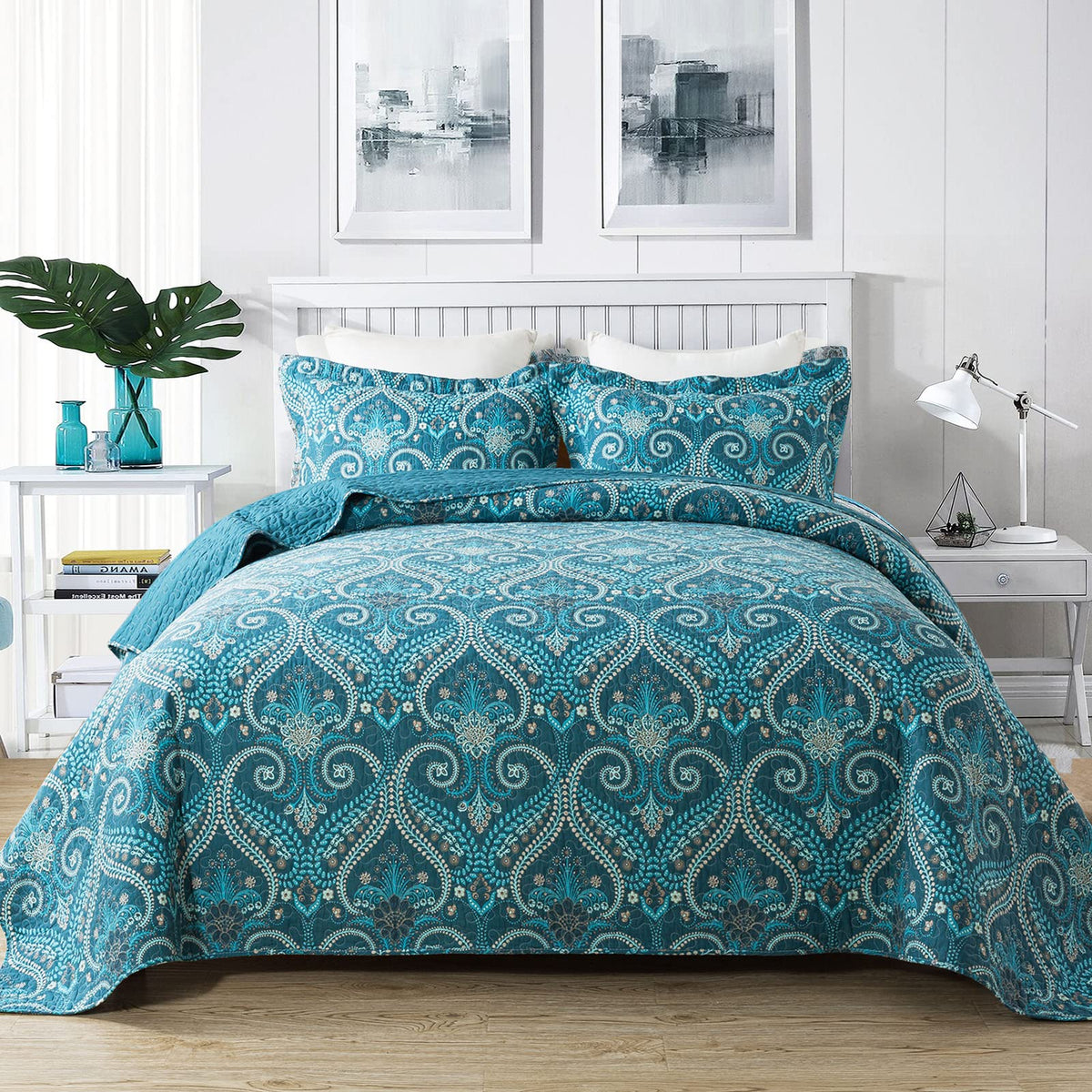 Newlake Cotton Bedspread Quilt Sets-Reversible Patchwork Coverlet Set, Turquoise Classic Royal Pattern, King Size