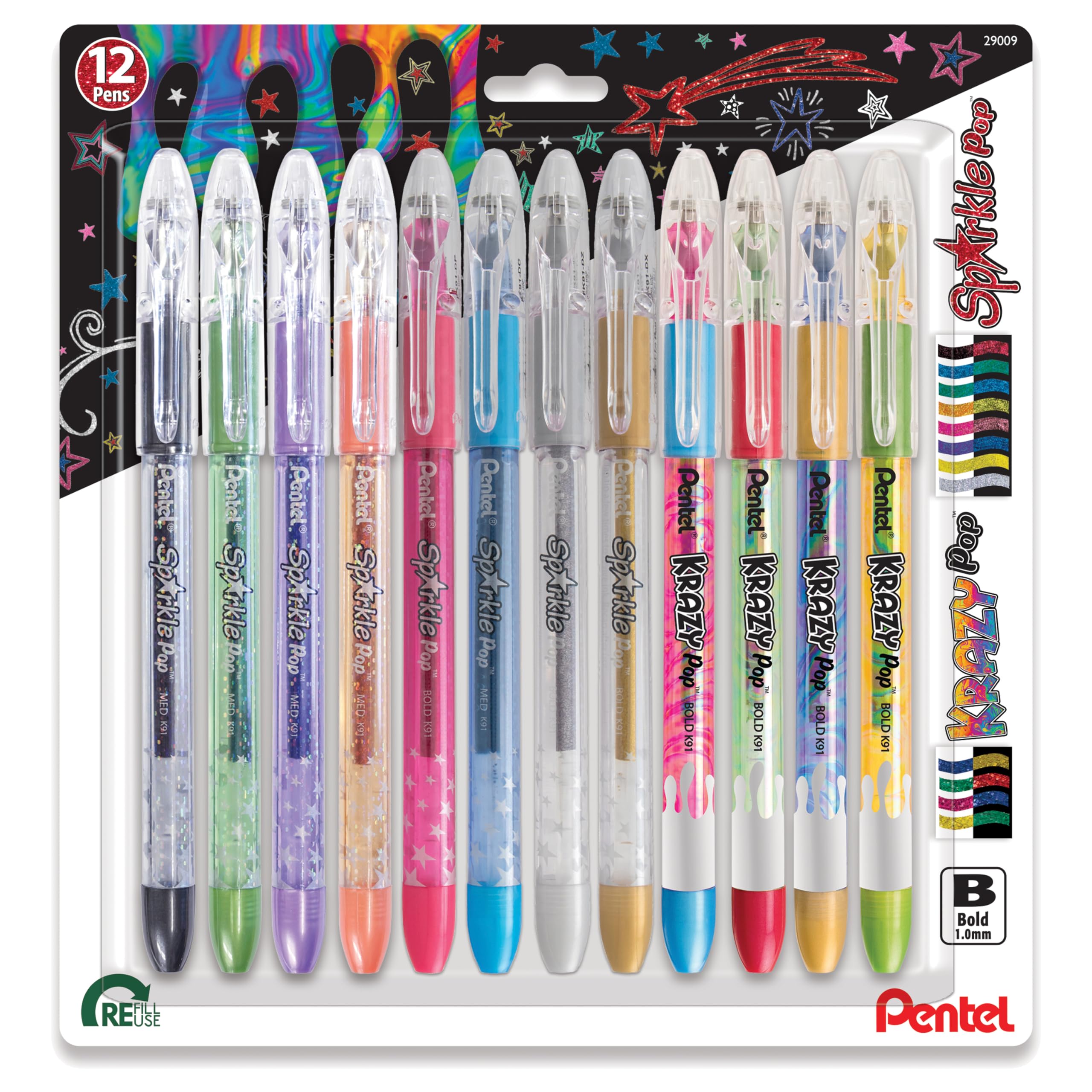 Pentel Sparkle And Krazy Pop, Metallic Gel Ink Pen, (1.0Mm), Bold Line, Assorted Ink Colors, Pack Of 8 (K91Bp12M)