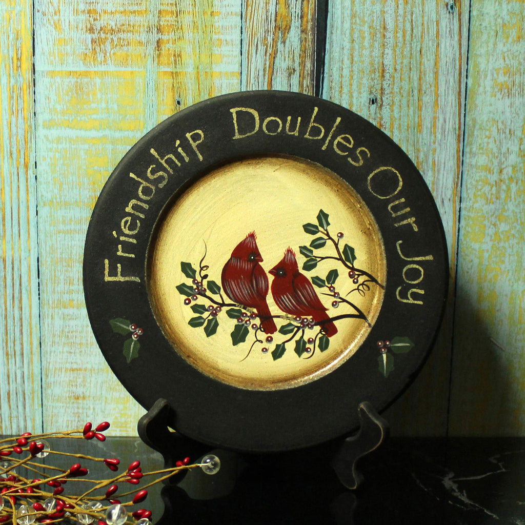 Cvhomedeco. Primitives Hand Painted Red Birds Decorative Plate Rustic Round Display Wooden Plate Home D  Cor Art, 9-3/4 Inch