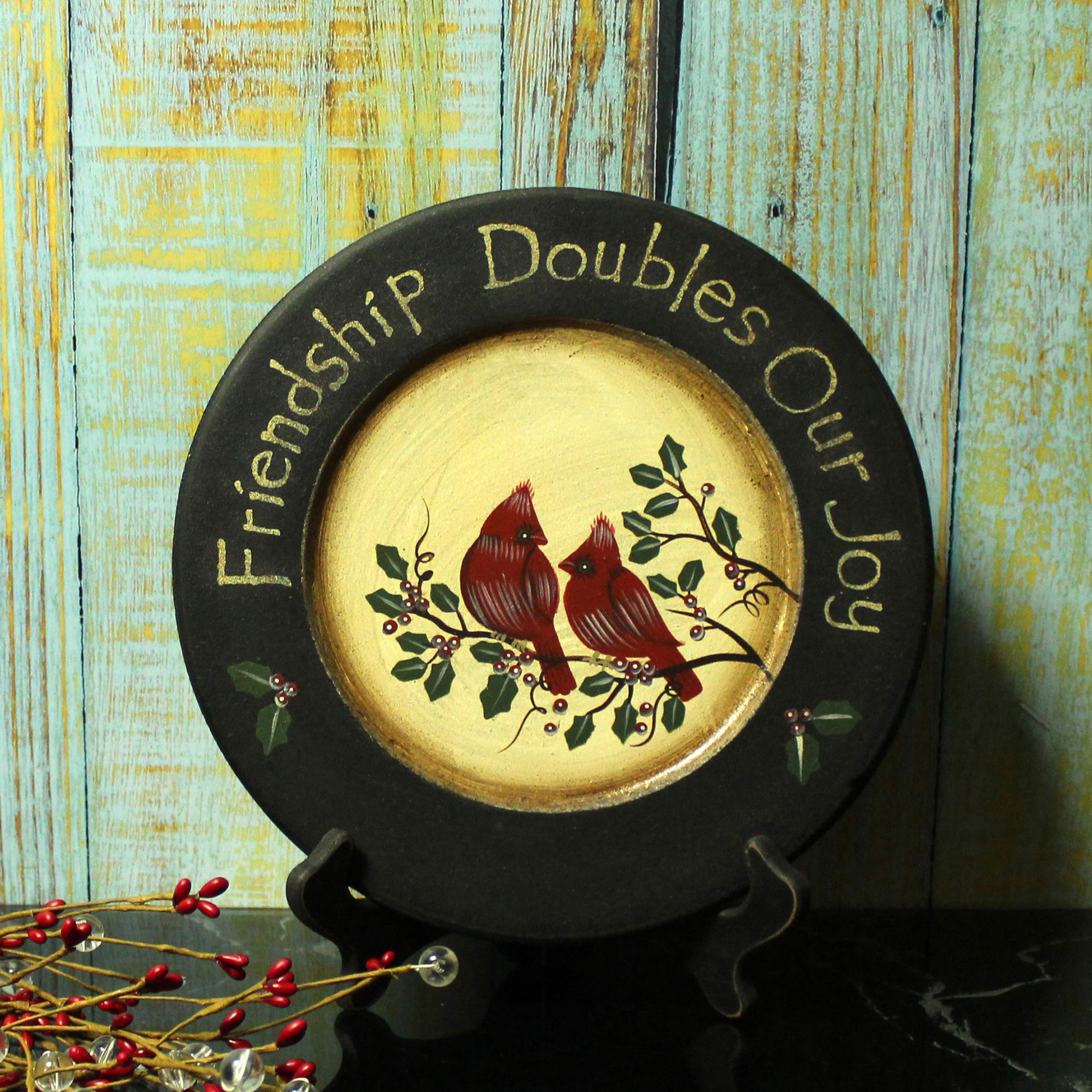 Cvhomedeco. Primitives Hand Painted Red Birds Decorative Plate Rustic Round Display Wooden Plate Home D  Cor Art, 9-3/4 Inch
