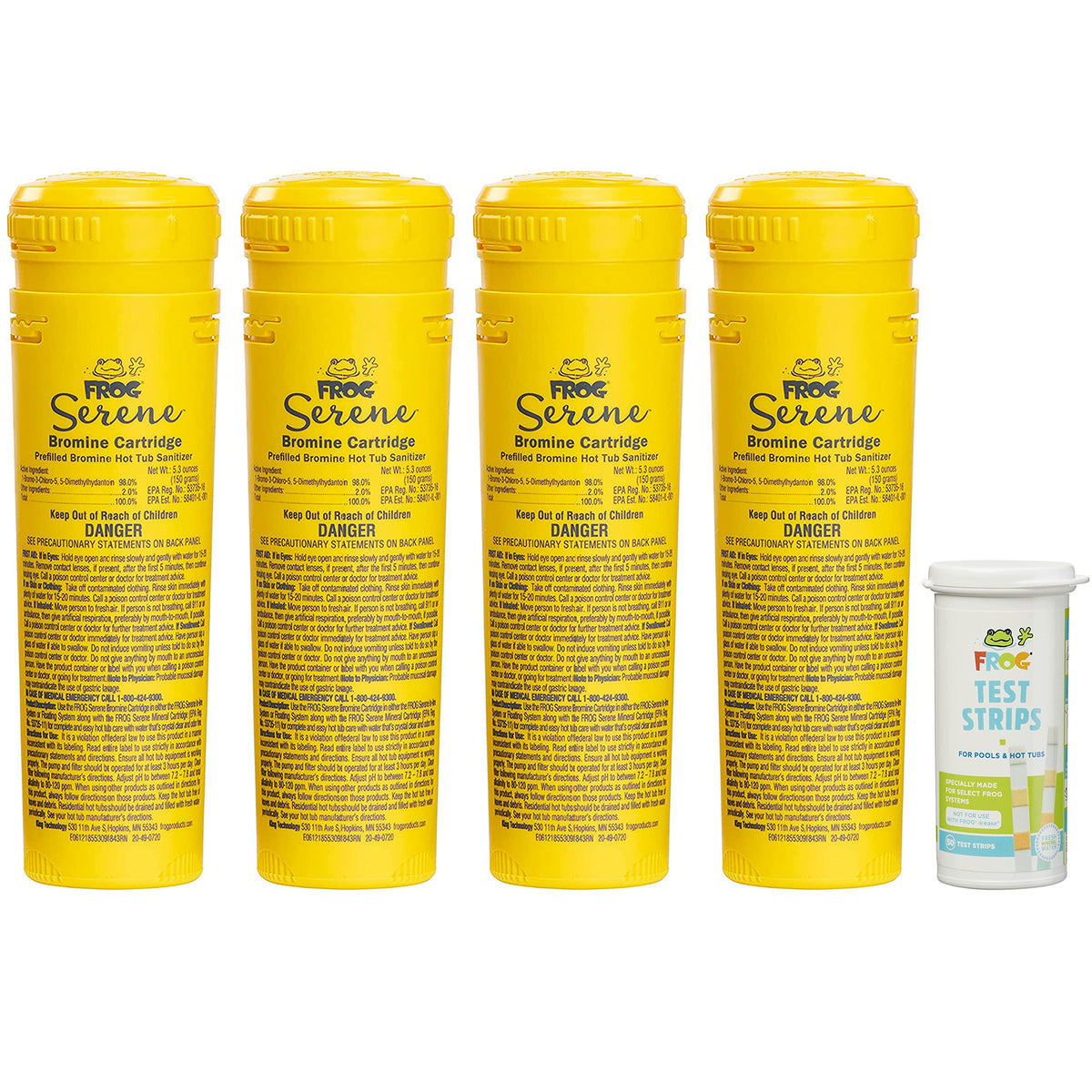 4 Frog Serene Bromine Cartridges For In-Line And Floating Systems + Frog Test Strips For Hot Tubs