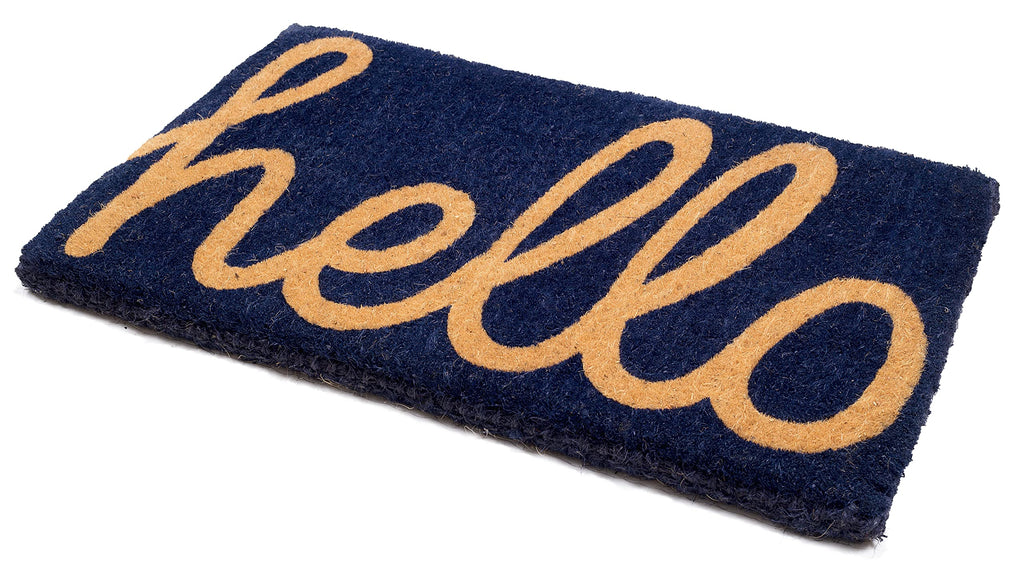Fab Habitat Extra Thick Doormat - Handwoven, Durable - Natural Coir - Entryway, Front Door, Porch, Patio - Cursive Hello Dark Bl