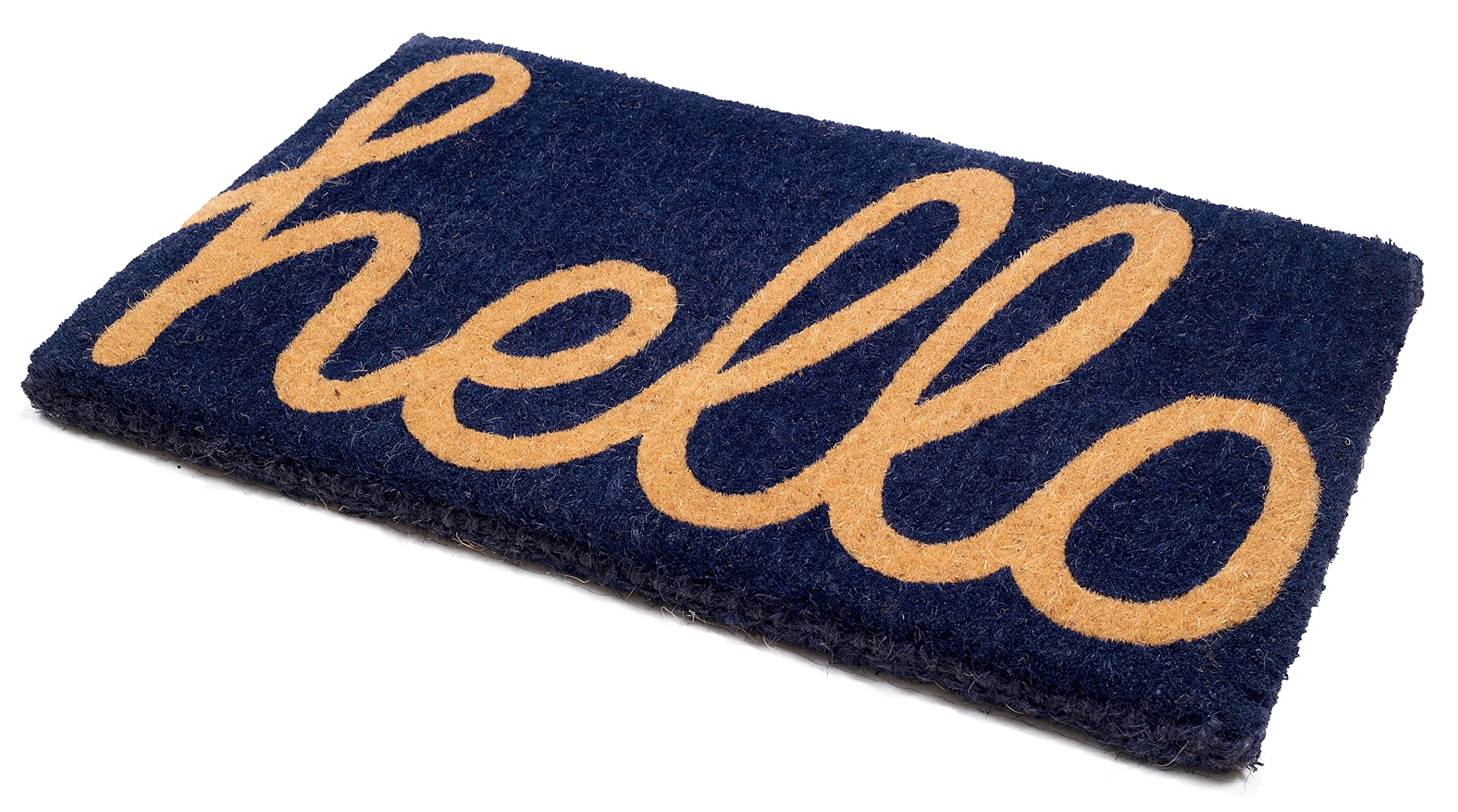 Fab Habitat Extra Thick Doormat - Handwoven, Durable - Natural Coir - Entryway, Front Door, Porch, Patio - Cursive Hello Blue (1