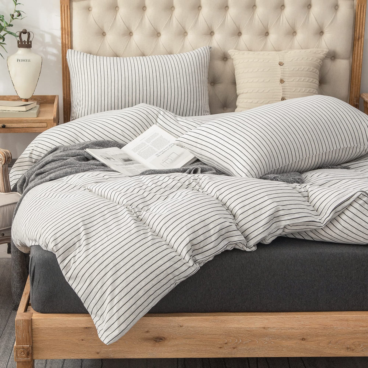 Pure Era Jersey Knit Duvet Cover Set 100% T-Shirt Heather Cotton Super Soft Comfy Classic Striped Design, With Zipper Closure, W