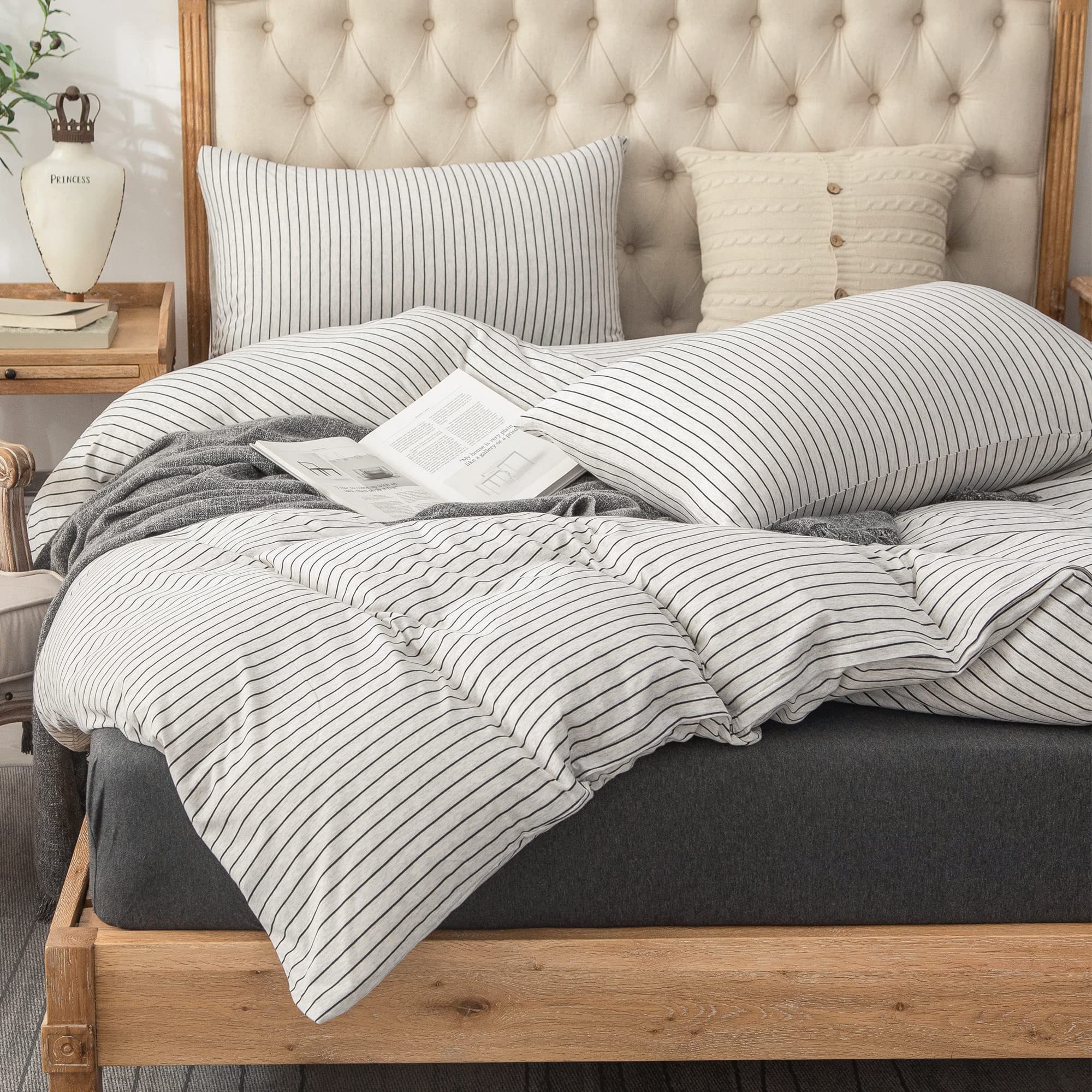 Pure Era Jersey Knit Duvet Cover Set 100% T-Shirt Heather Cotton Super Soft Comfy Classic Striped Design, With Zipper Closure, W