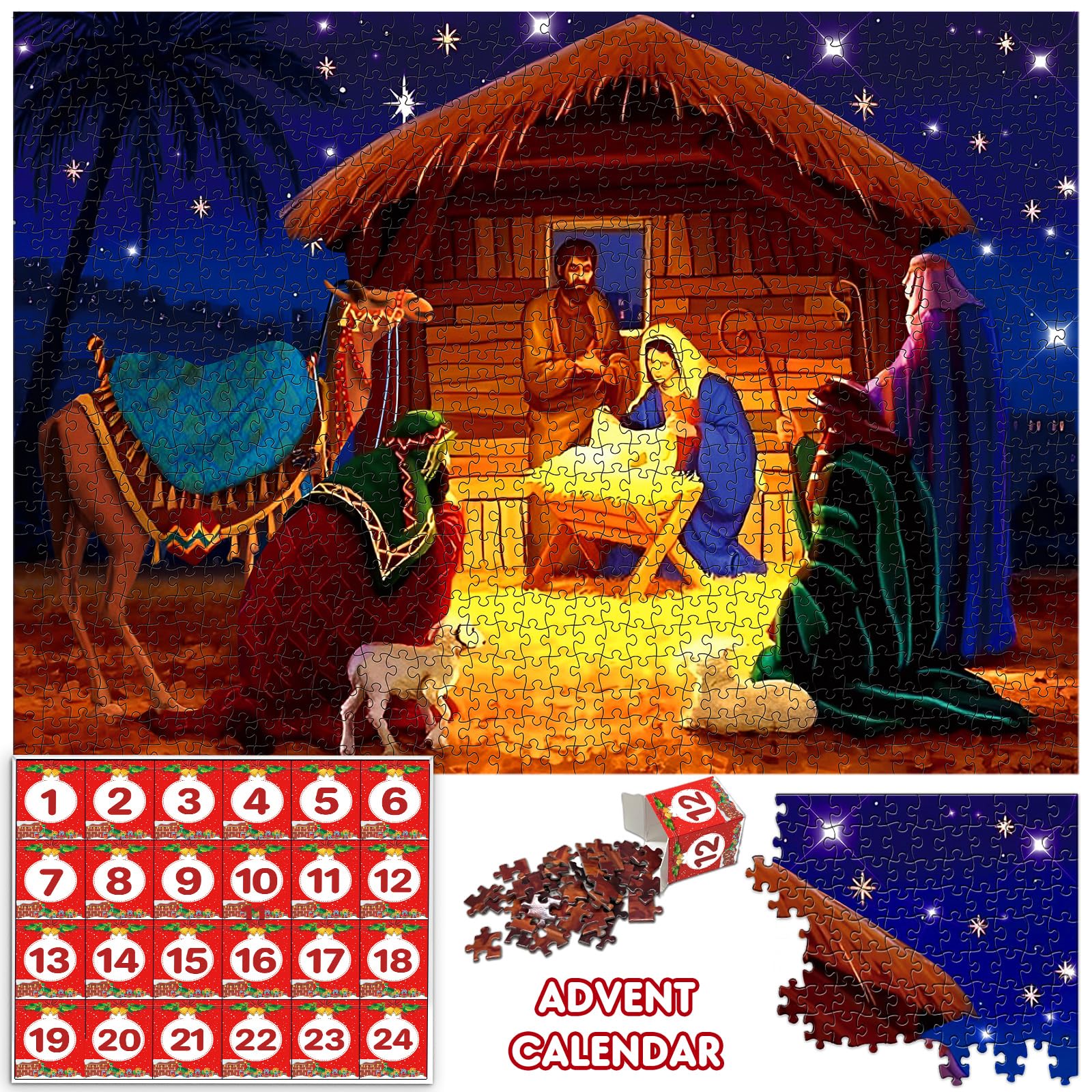 Christmas Advent Calendar 2024 Nativity Jigsaw Puzzles 1000 Pieces for Adults, 24 Days Christmas Countdown Calendar for Women Me