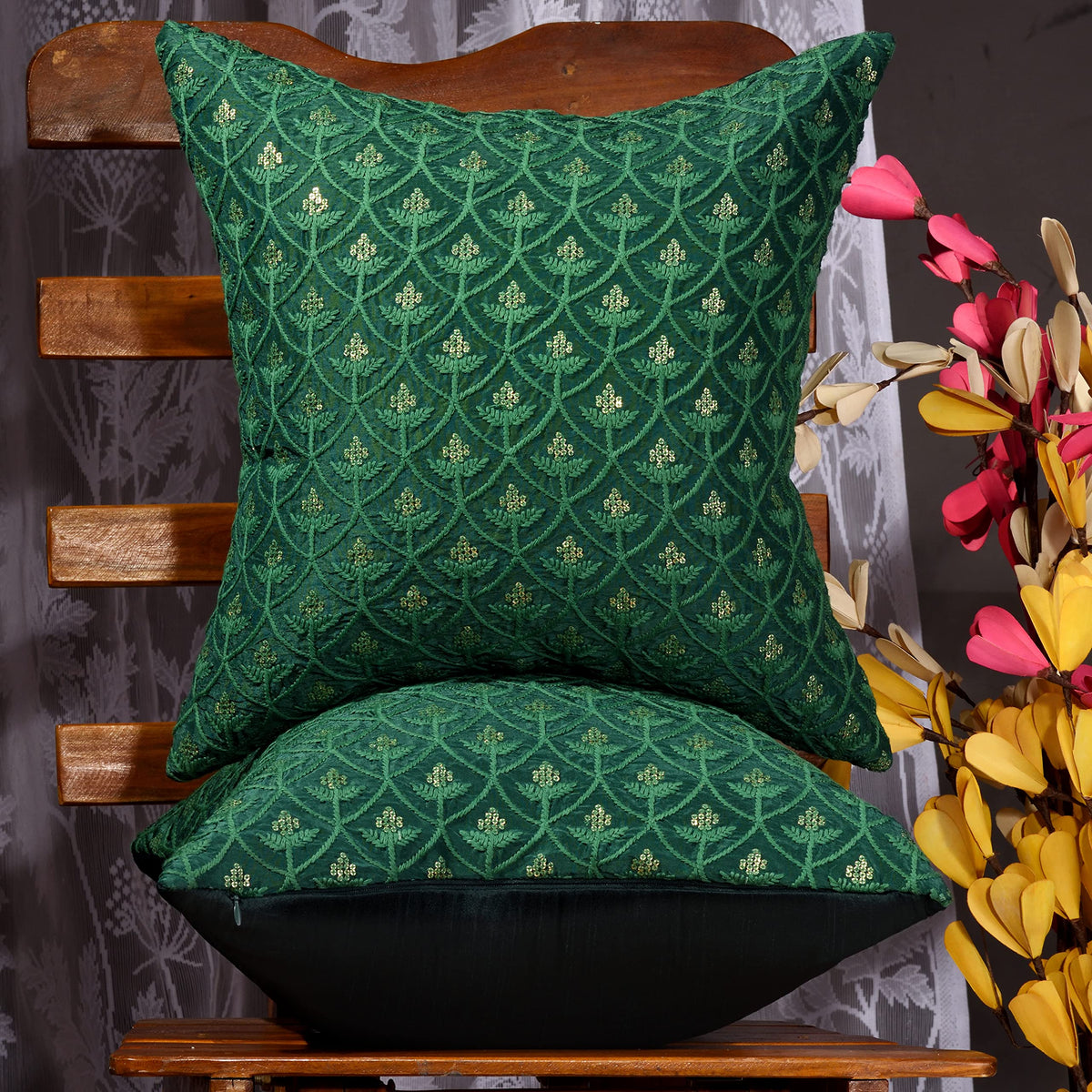 Scarlett Linens Embroidered Cushion Covers 18X18 Inches Set Of 2| Sofa Cushion Covers| Forest Green Throw Pillow Covers| Decorat