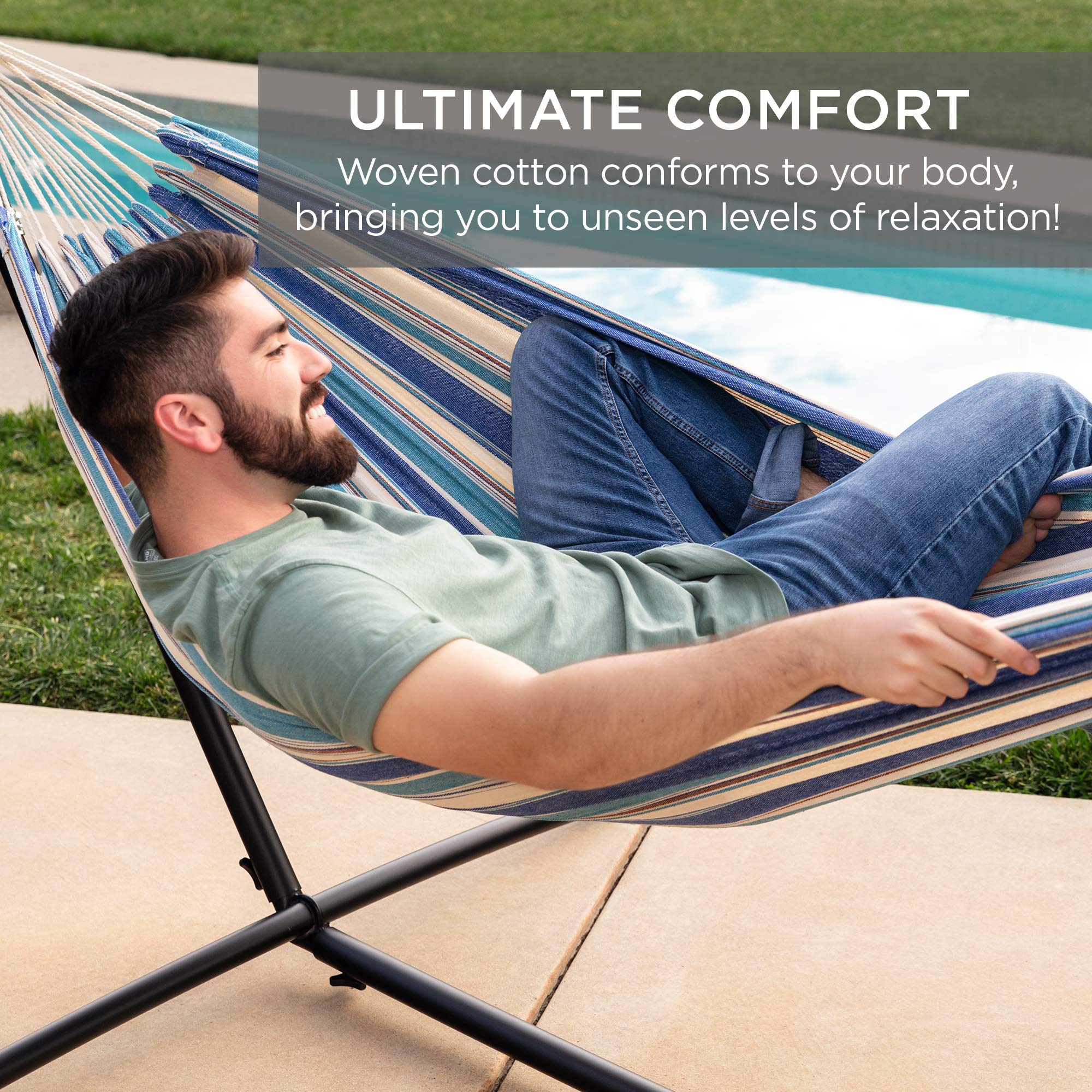 Best Choice Products 2-Person Double Hammock With Stand Set, Indoor Outdoor Brazilian-Style Cotton Bed For Backyard, Camping, Patio W/Carrying Bag, Steel Stand, 450Lb Weight Capacity - Ocean