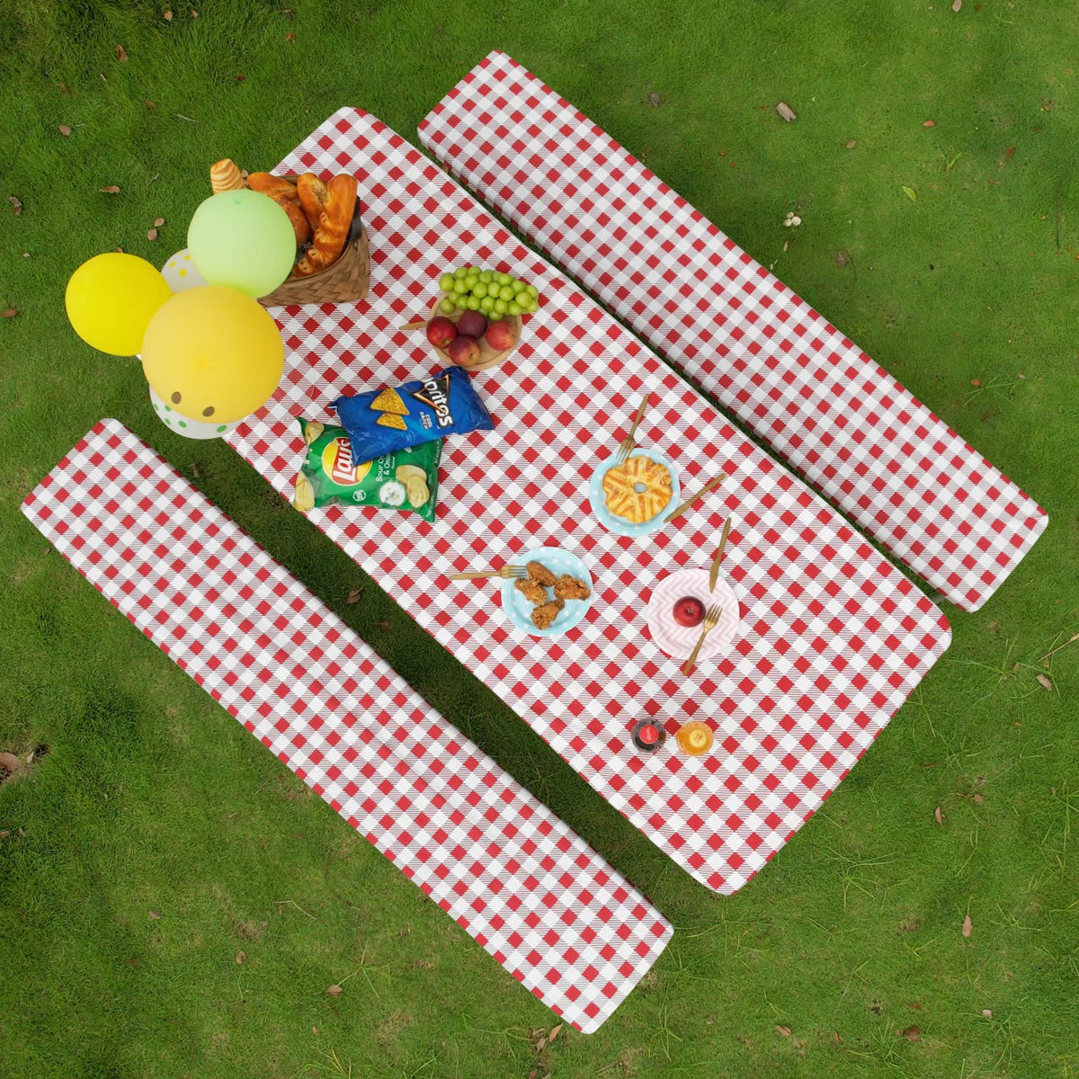 Easy-Going 100% Waterproof Picnic Outdoor Tablecloth With Bench Covers Fit 8 Foot Rectangle Table, 3-Piece Set Camping Table Cover With Seat Covers (30X96 In, Red-Checkered)