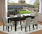 East West Furniture Lgab7-Blk-06 7 Piece Dining Room Table Set Consist Of A Rectangle Wooden Table With Butterfly Leaf And 6 Shitake Linen Fabric Upholstered Chairs, 42X84 Inch, Black