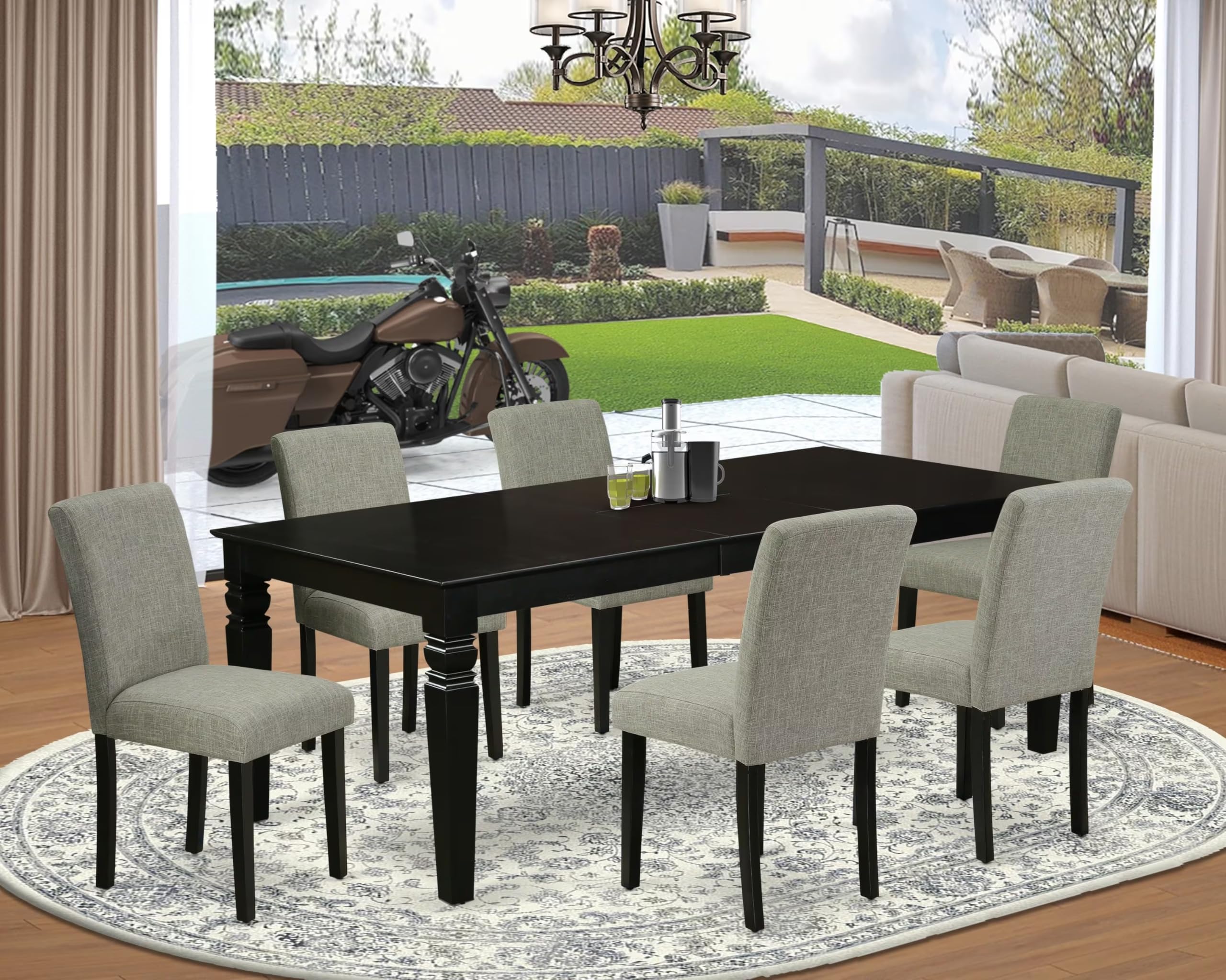 East West Furniture Lgab7-Blk-06 7 Piece Dining Room Table Set Consist Of A Rectangle Wooden Table With Butterfly Leaf And 6 Shitake Linen Fabric Upholstered Chairs, 42X84 Inch, Black