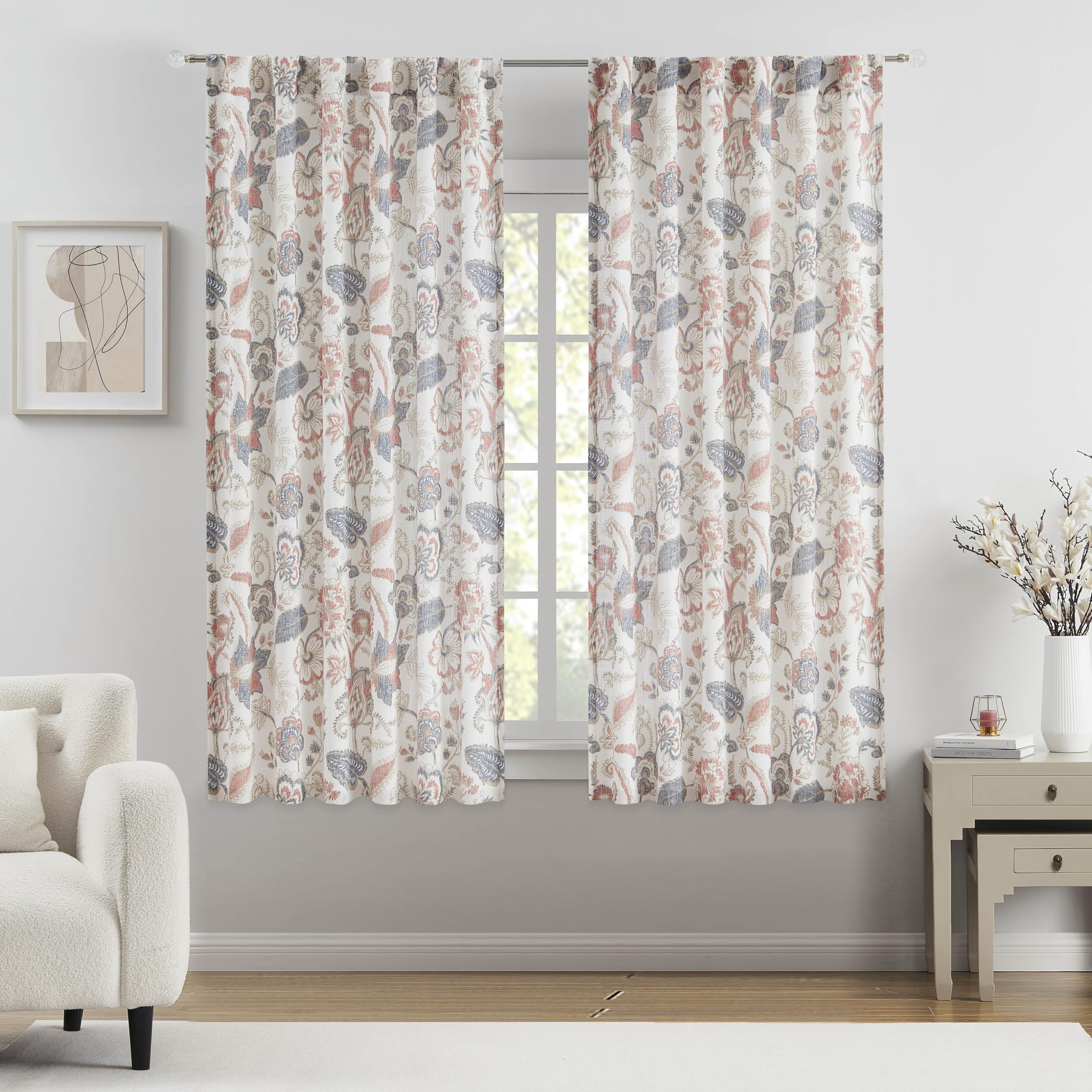 Kayne Studio Botanical Print Semi Sheer Curtains Navy Red Floral Leaf Farmhouse Linen Curtain Drapes Light Filtering Window Trea
