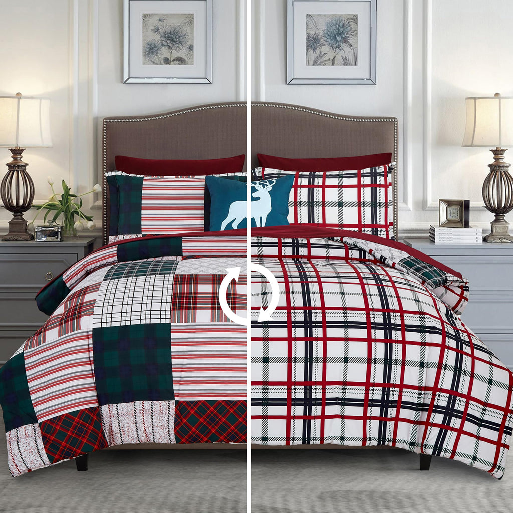 Elegant Comfort 8- Piece Cabin Patch Reversible Comforter Set Bed-In-A-Bag Set - Silky Soft Complete Set Includes Bed Sheet Set With Double Sided Storage Pockets, Twin/Twin Xl, Burgundy