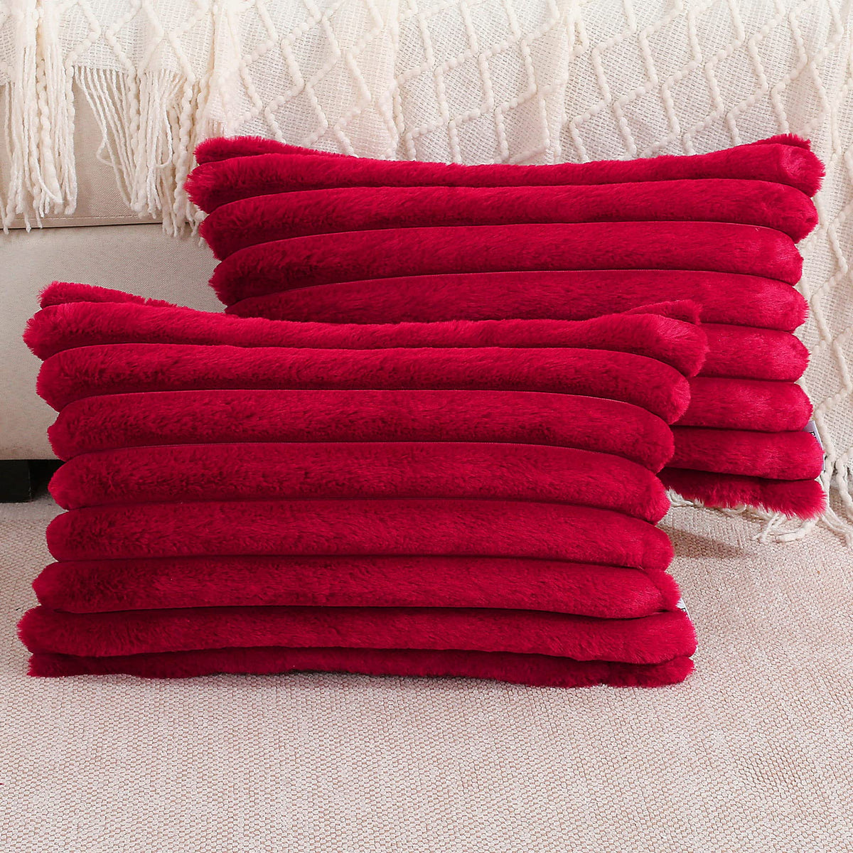 Futei Burgundy Striped Decorative Throw Pillow Covers 12X20 Inch Set Of 2,Rectangle Spring Decorations Couch Lumbar Pillowcase,S
