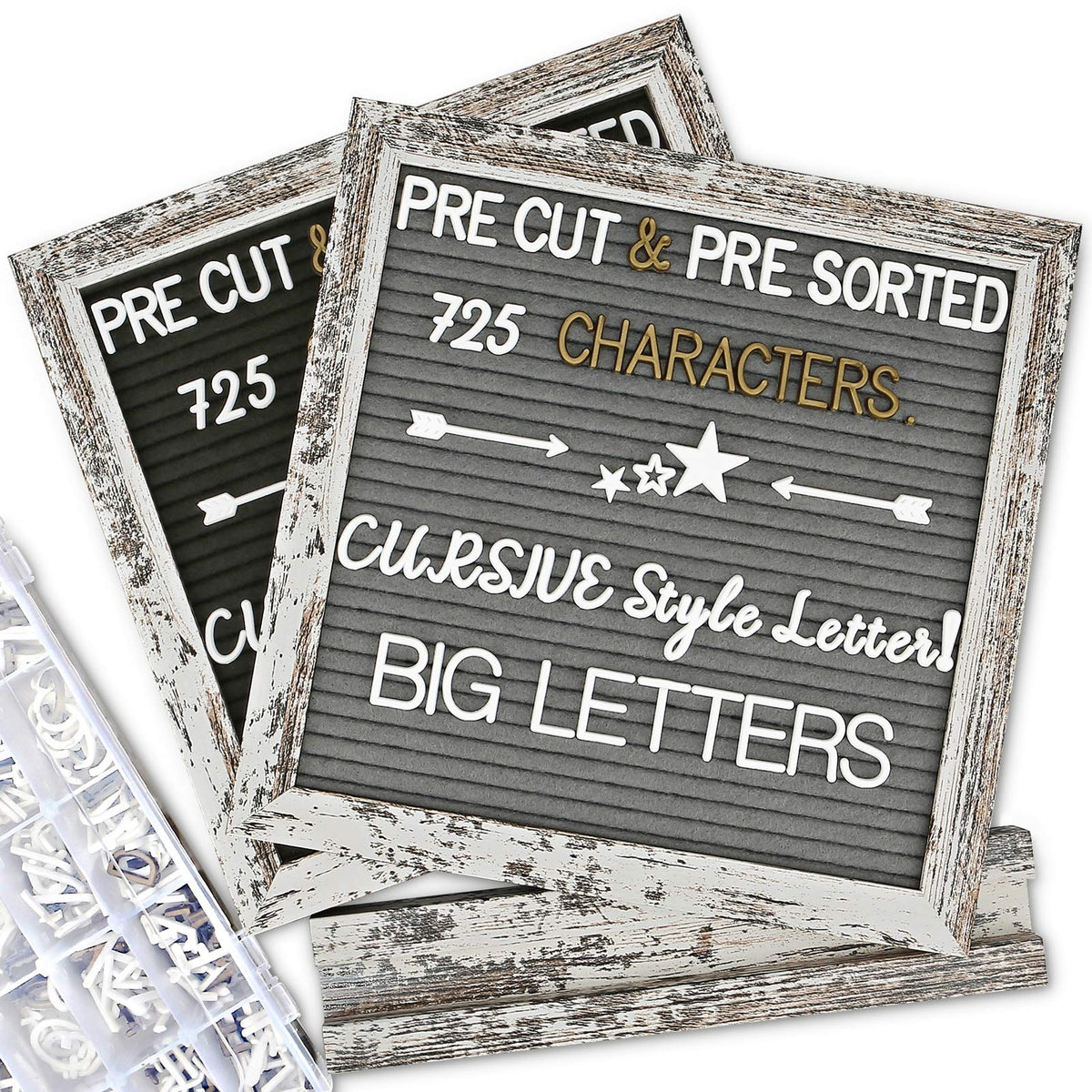 Double Sided Felt Letter Board With Rustic Wood Frame 10X10 Inch - Pre Cut & Sorted 725 Letters With Stand, Cursive Style Letter