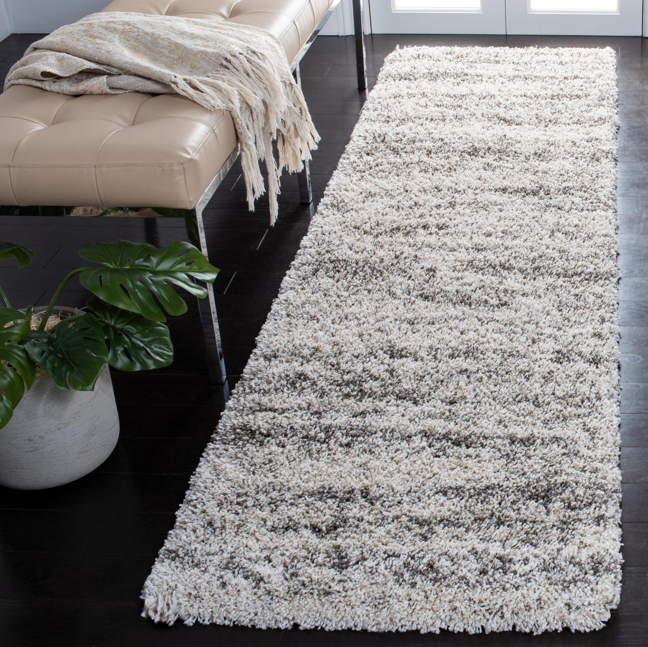 Safavieh Hudson Shag Collection Area Rug - 23 x 10 Runner, Ivory/Grey, Geometric Design, Plush 1.9 Inch Thick Ideal for High T