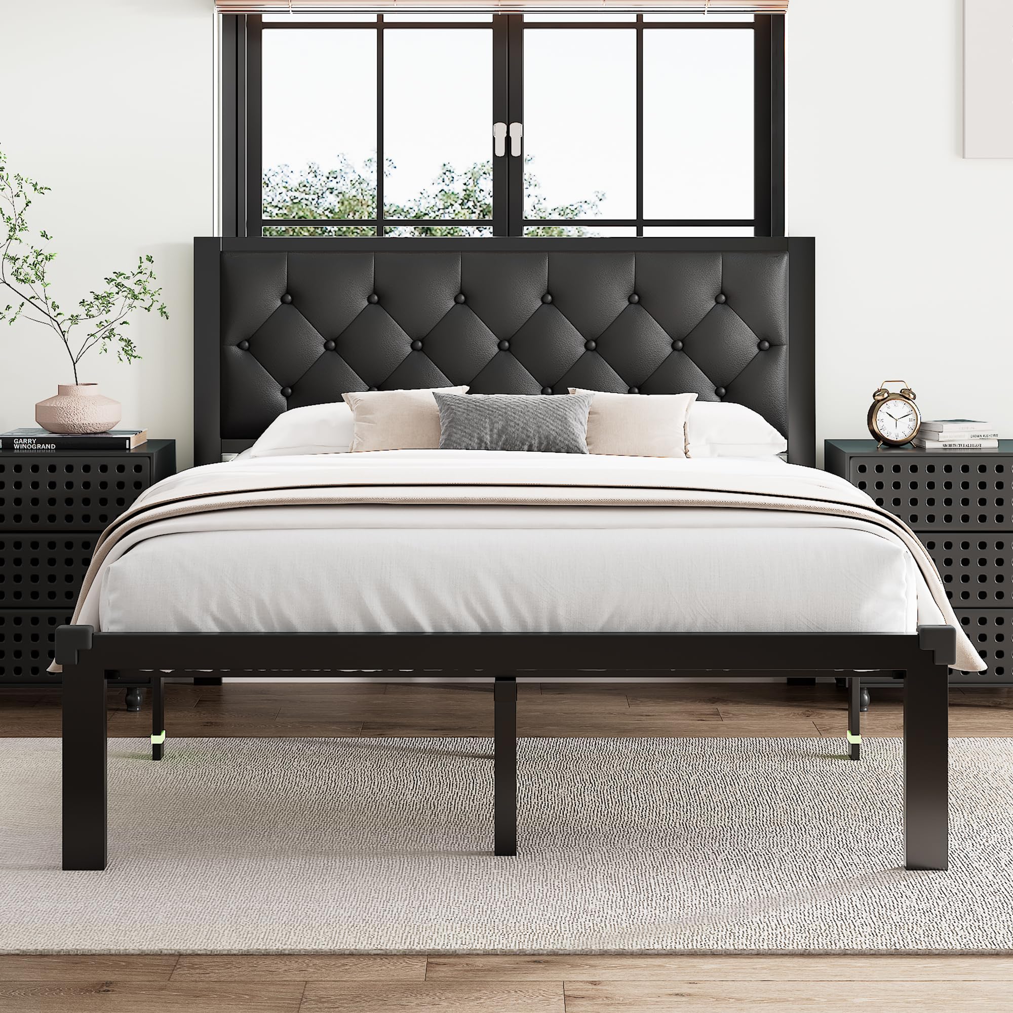 Einhomn Queen Metal Bed Frame, Queen Platform Bed Frame with Button Tufted Faux Leather Headboard, Sturdy Steel Slats, No Box Sp