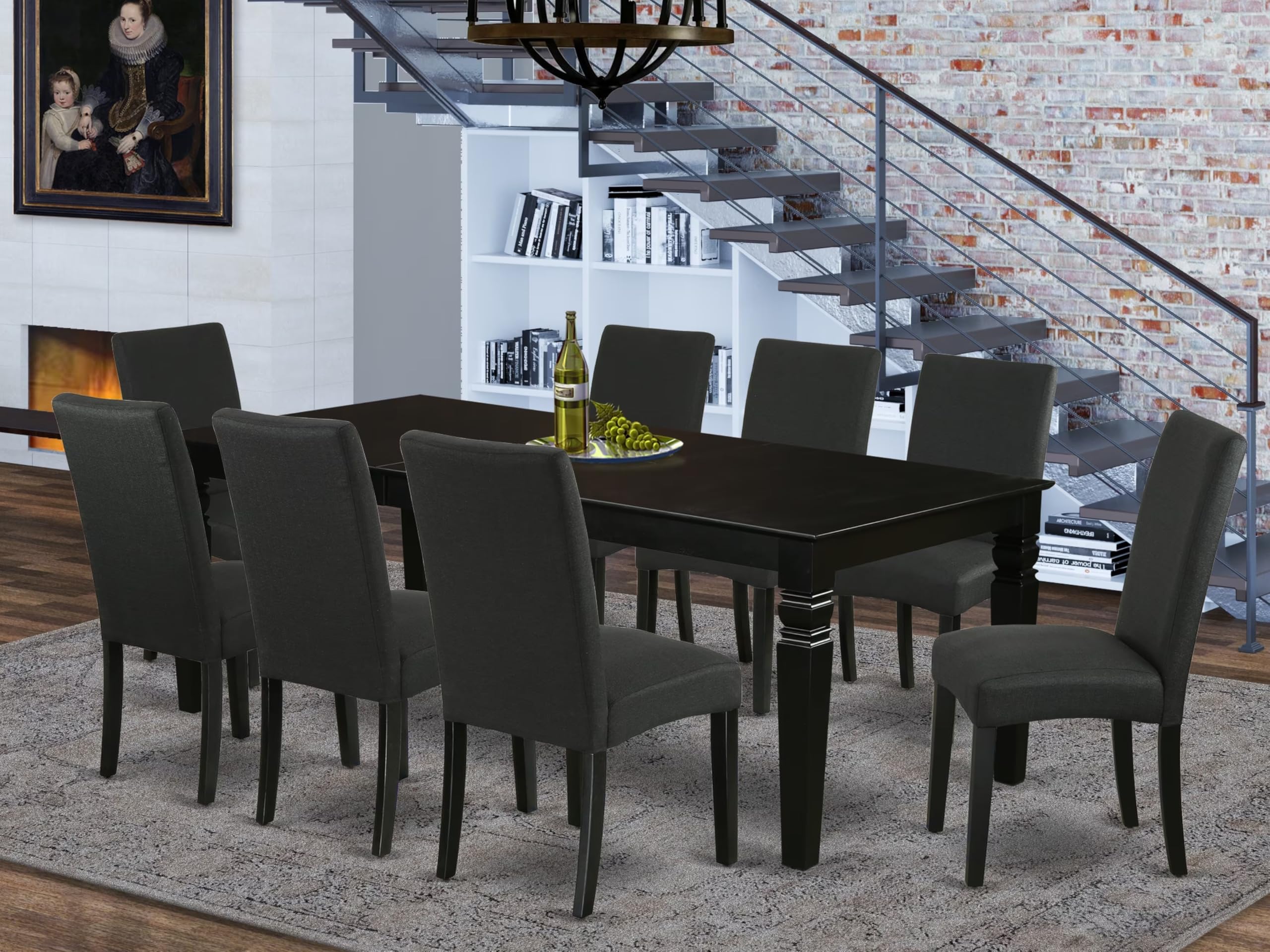 East West Furniture Lgdr9-Blk-24 9 Piece Dining Room Set Includes A Rectangle Kitchen Table With Butterfly Leaf And 8 Black Color Linen Fabric Upholstered Chairs, 42X84 Inch, Black