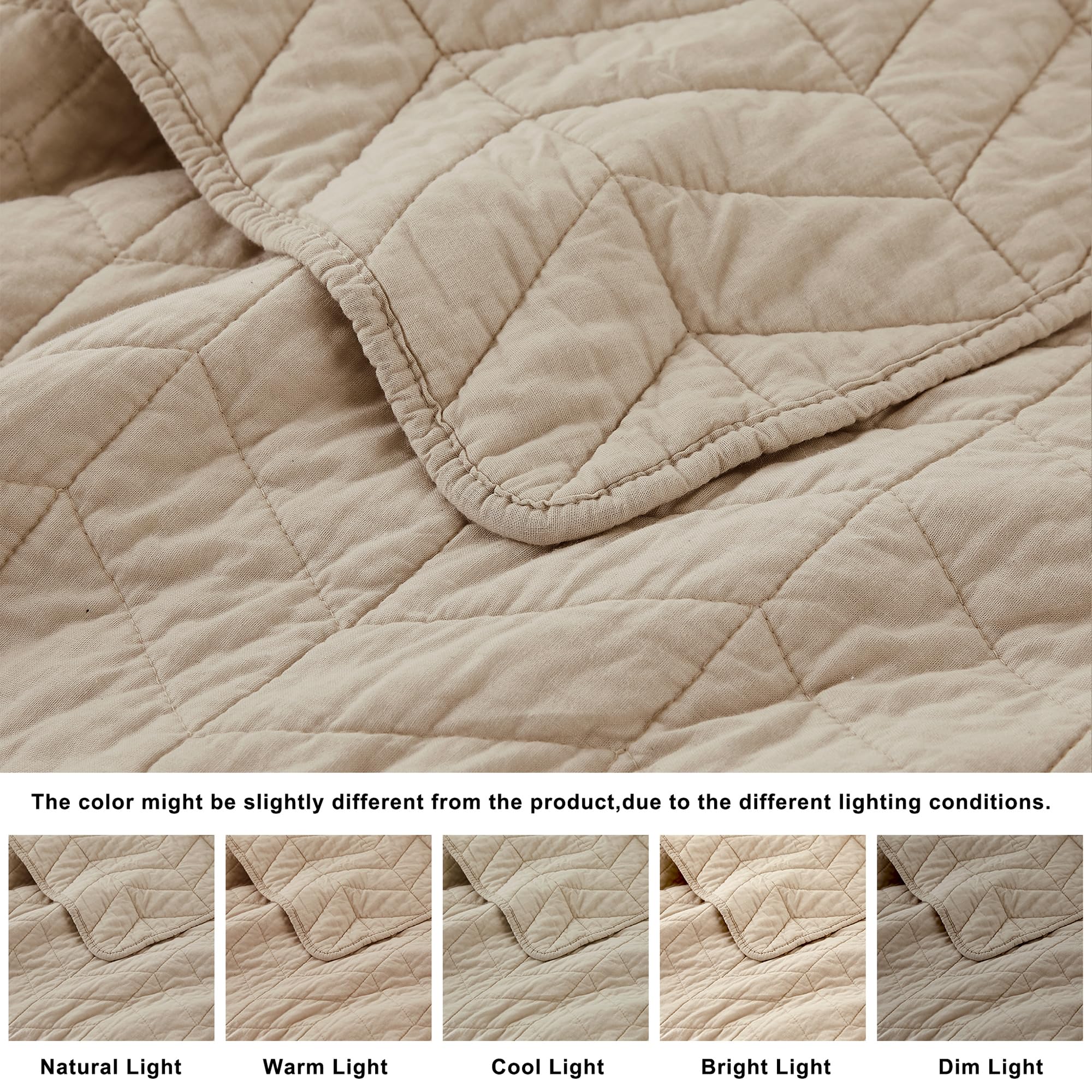 Palassio Dark Beige 100% Cotton Quilt King Size Bedding Sets With Pillow Shams, Lightweight Soft Bedspread Coverlet, Quilted Com