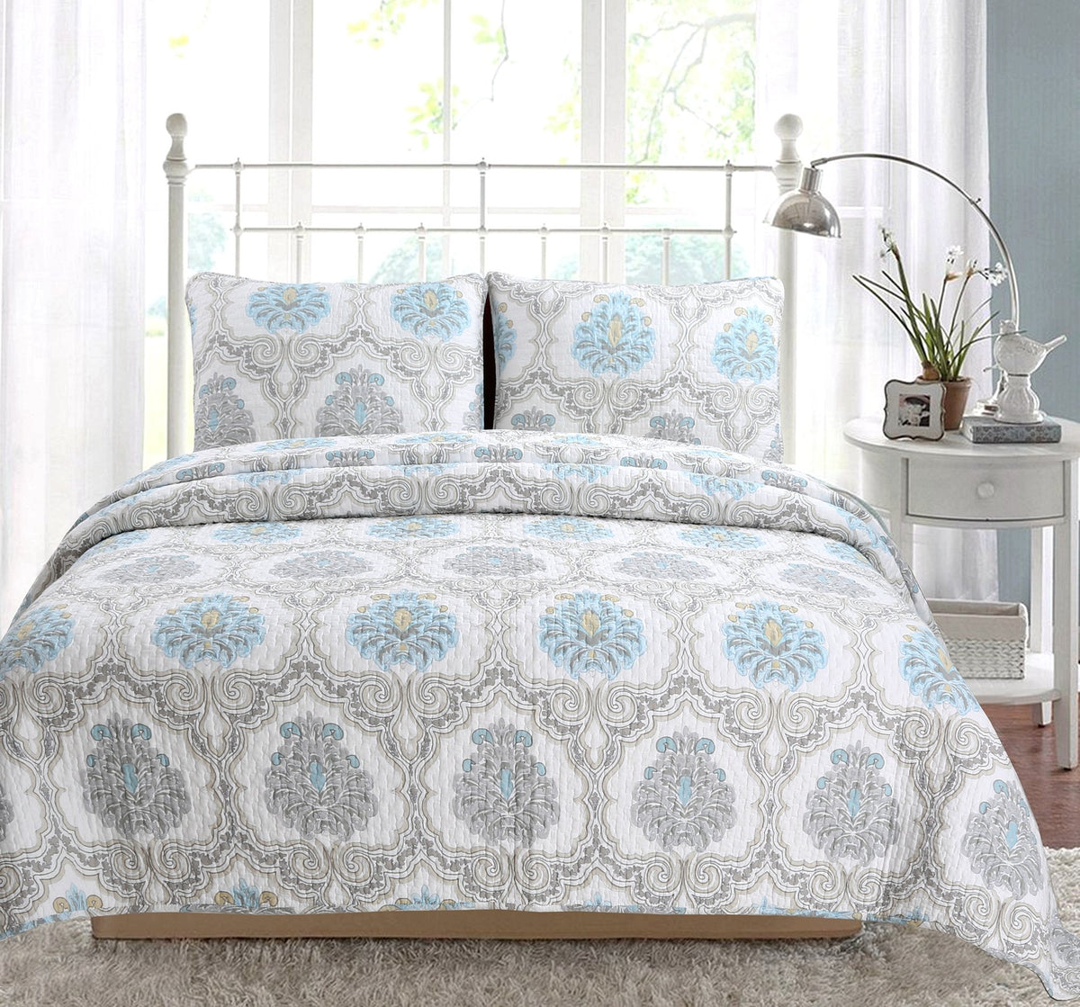 Cozy Line Home Fashions Peace Of Mind Bedding Quilt Set, Light Sky Blue Aqua White Grey Printed 100% Cotton Reversible Coverlet