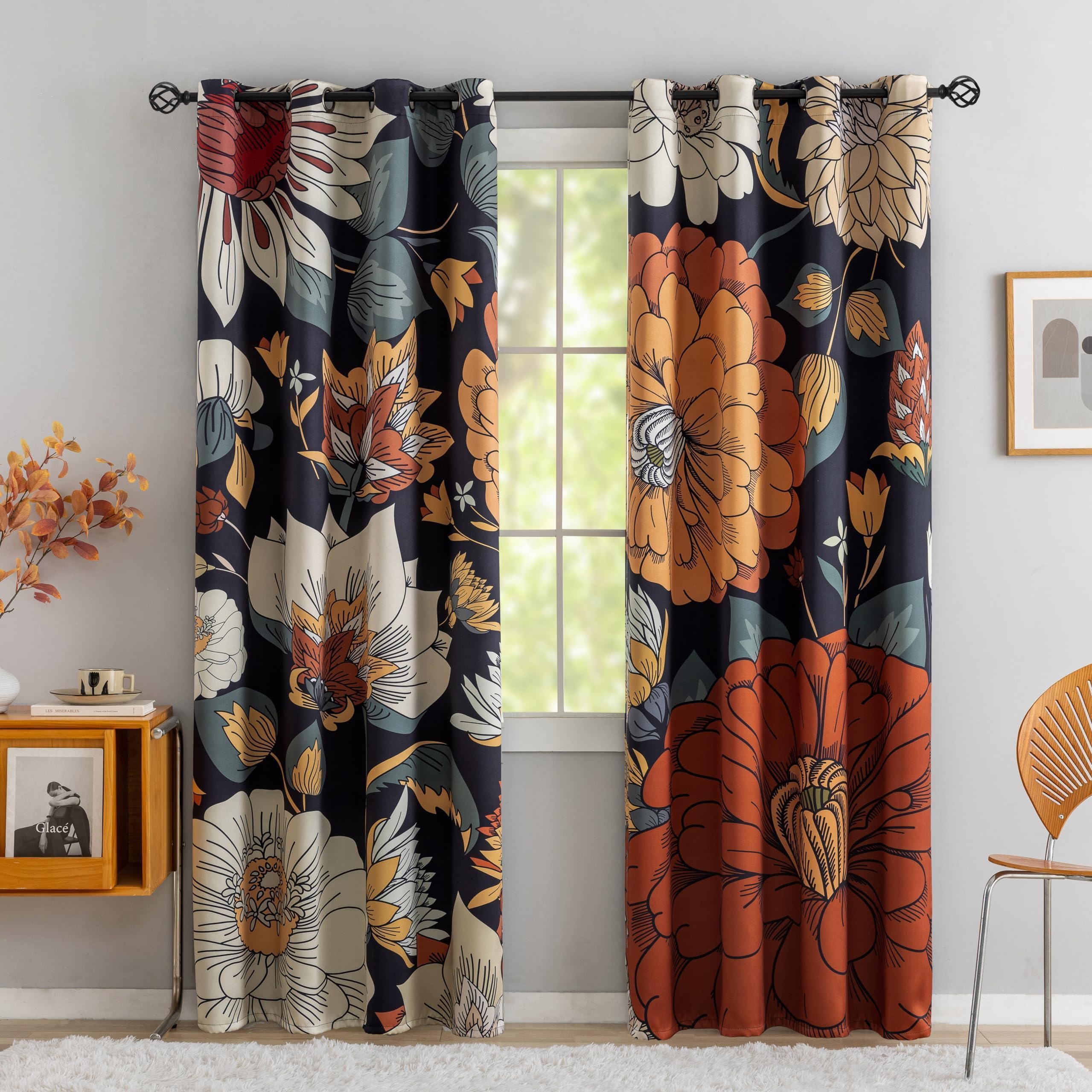 Tyrot Black Boho Floral 100% Blackout Curtains For Bedroom 72 Inch Long 2 Panels Mid Century Botanical Black Out Curtains For Li