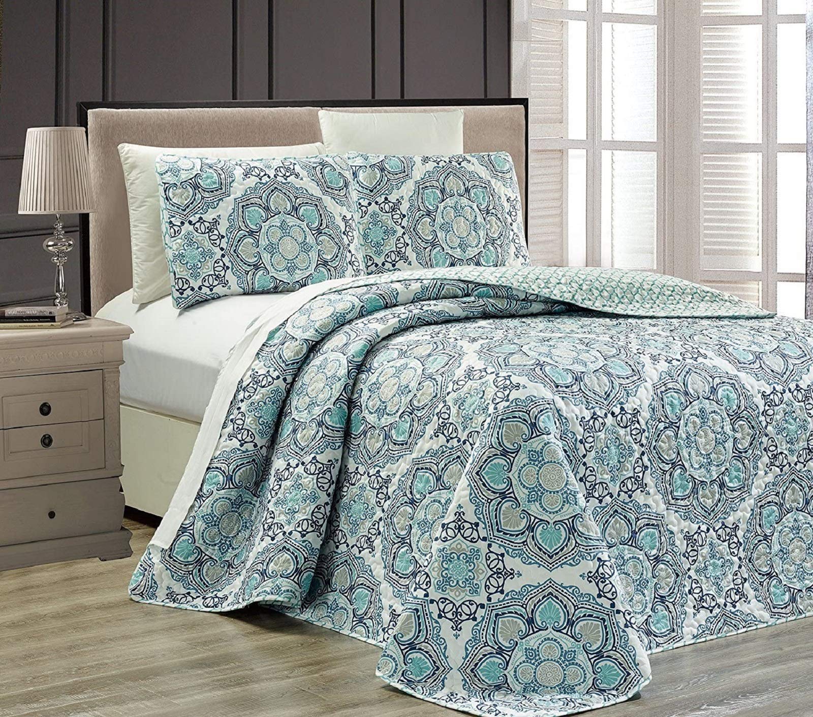 Fancy Collection 3 Pc Bedspread Bed Cover Over Size New (Full/Queen, Blue Medallion)