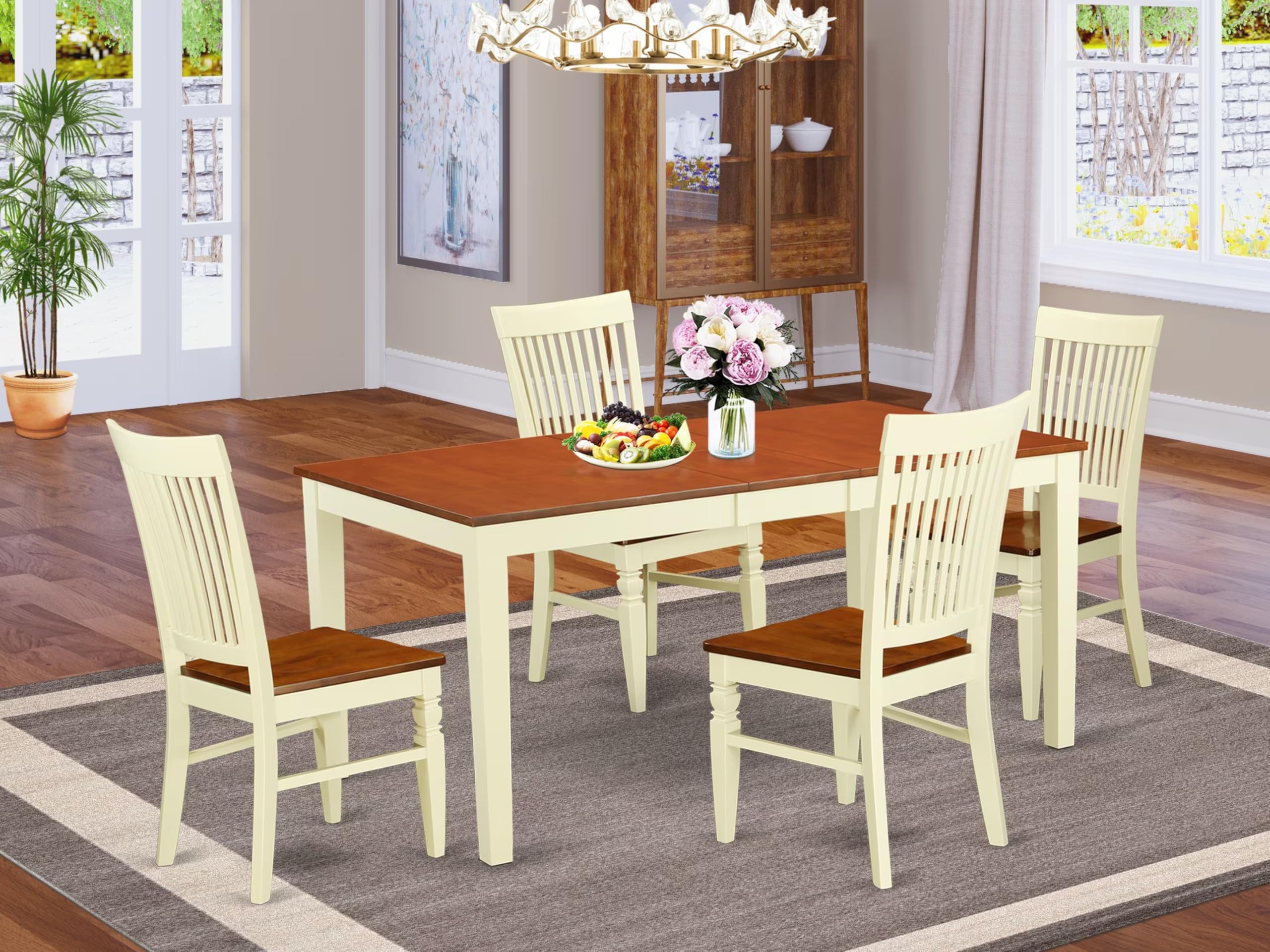 East West Furniture NIWE5-BMK-W 5 Piece Dining Room Table Set Includes a Rectangle Kitchen Table with Butterfly Leaf and 4 Dining Chairs, 36x66 Inch, Buttermilk & Cherry