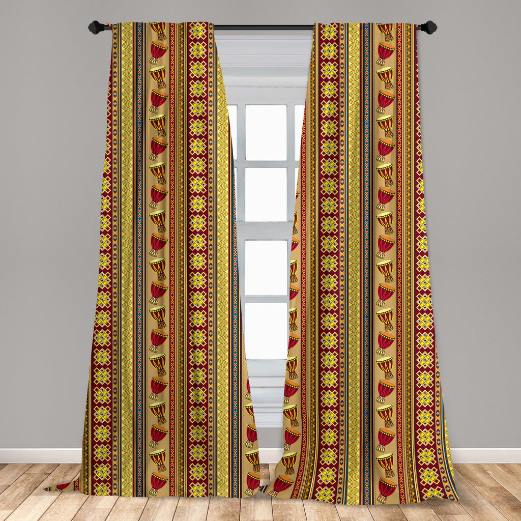 Ambesonne African Window Curtains Pack Of 2, Oriental Djembe Drums Music Culture In Theme Geometric Chevrons Triangles, Lightwei