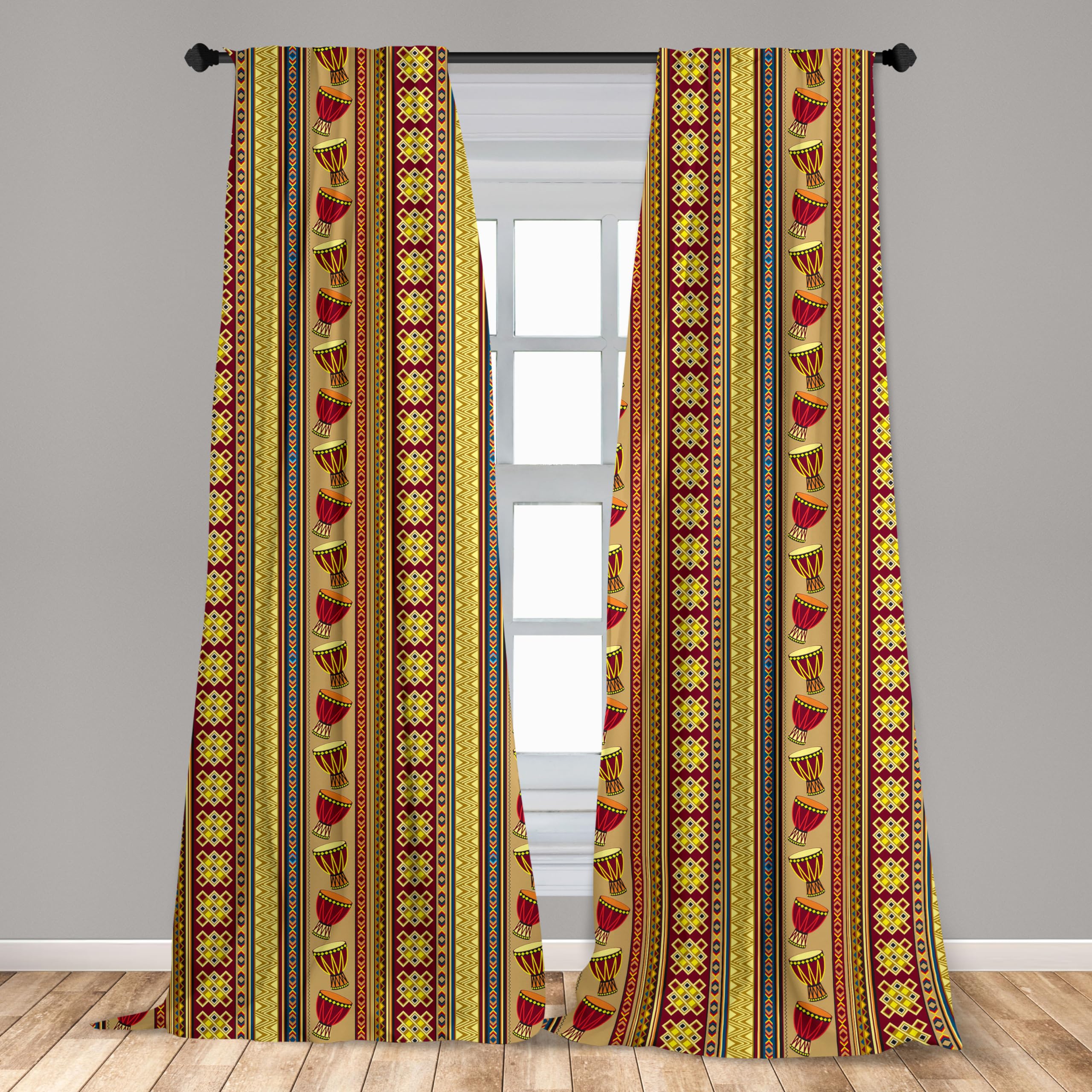 Ambesonne African Window Curtains Pack Of 2, Oriental Djembe Drums Music Culture In Theme Geometric Chevrons Triangles, Lightwei