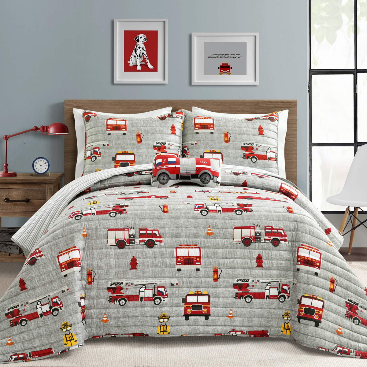 Lush Decor Fire Truck Quilt 4 Piece Set, Full/ Queen, Red & Gray - Reversible Stripe Print Bedding Set For Kids Room