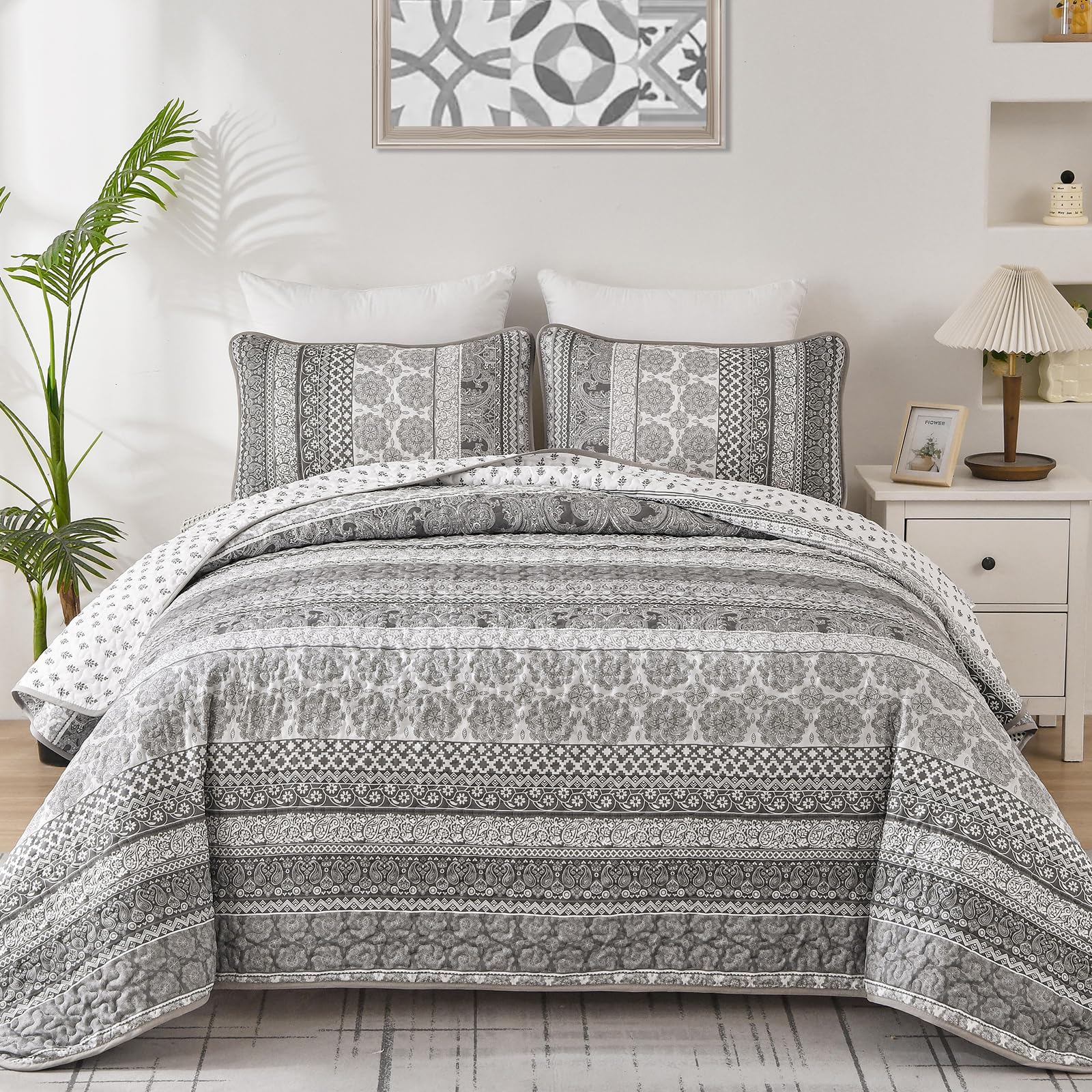 Wongs Bedding Boho Quilt Set Queen Size, Grey Bohemian 3 Pieces Quilt Sets, Gray Lightweight Summer Bedspread Coverlet Bedding S